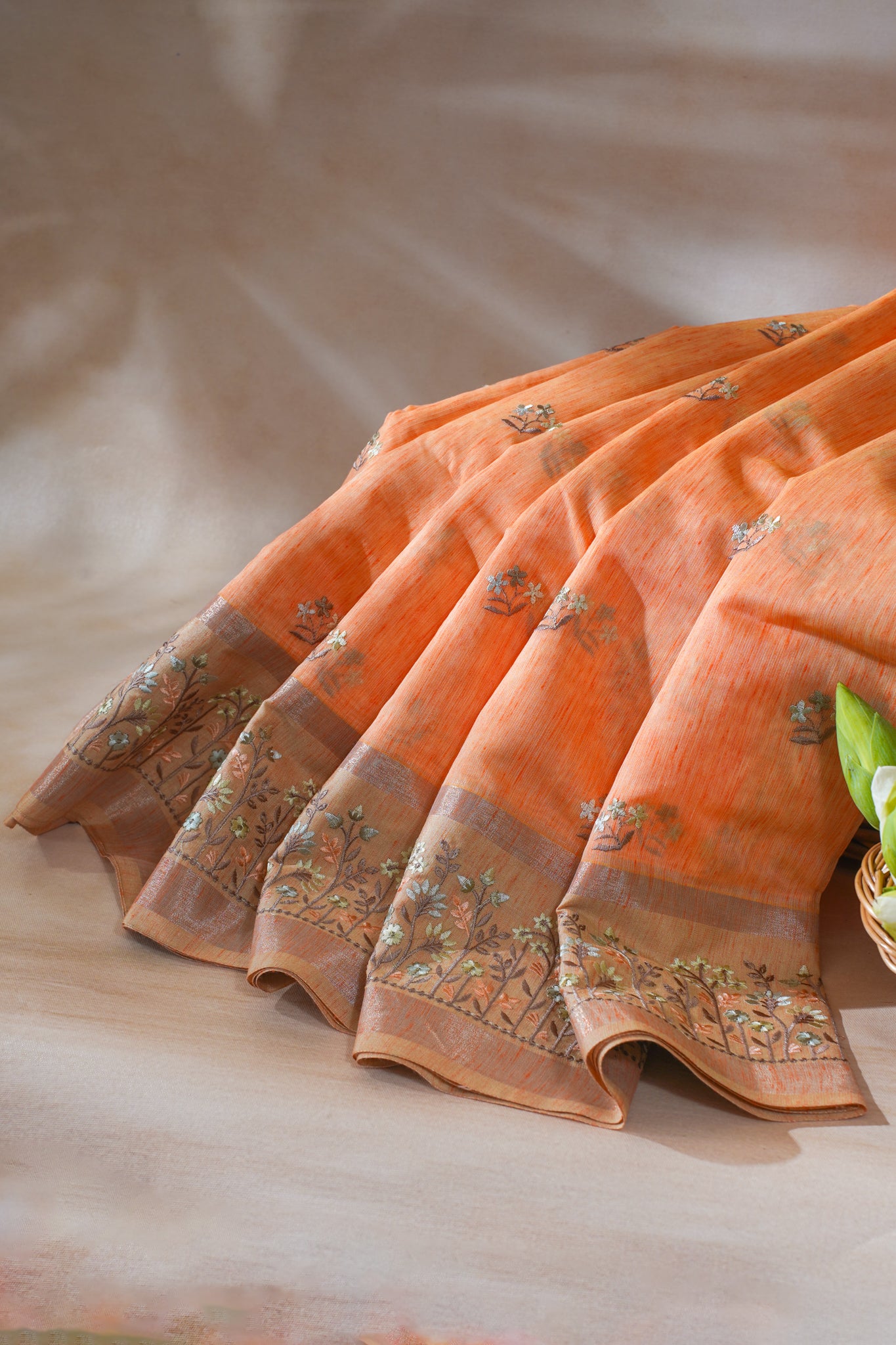 Bright Orange Linen Embroidery Saree