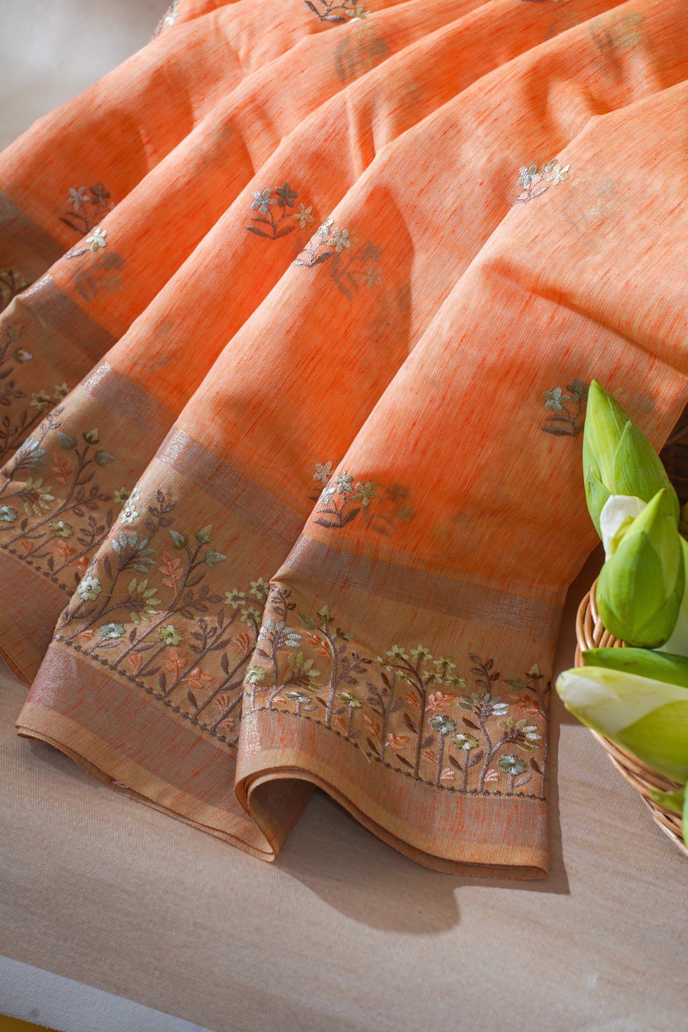 Bright Orange Linen Embroidery Saree