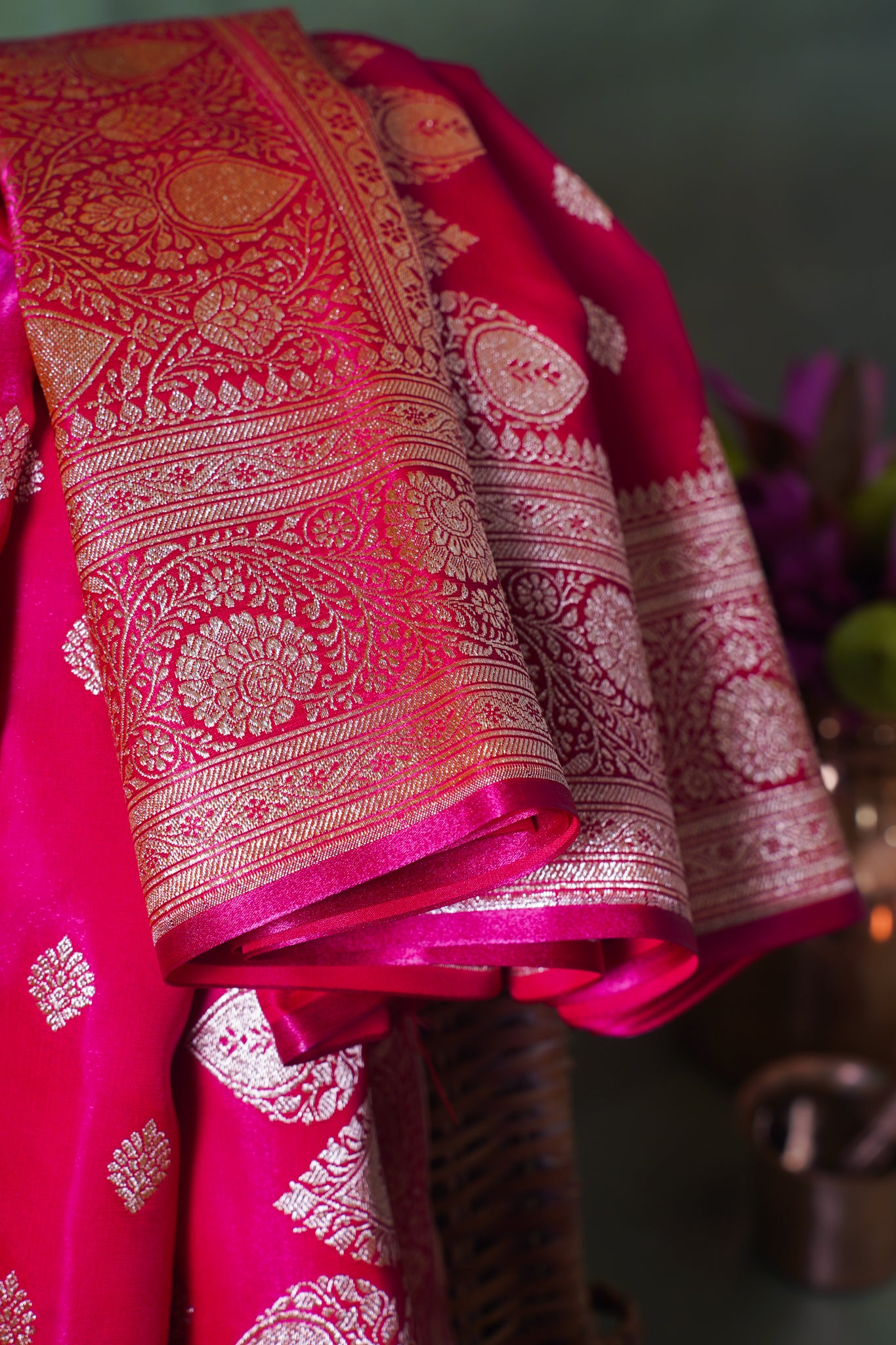 Rani Pink Banarasi Upada Satin Silk Saree