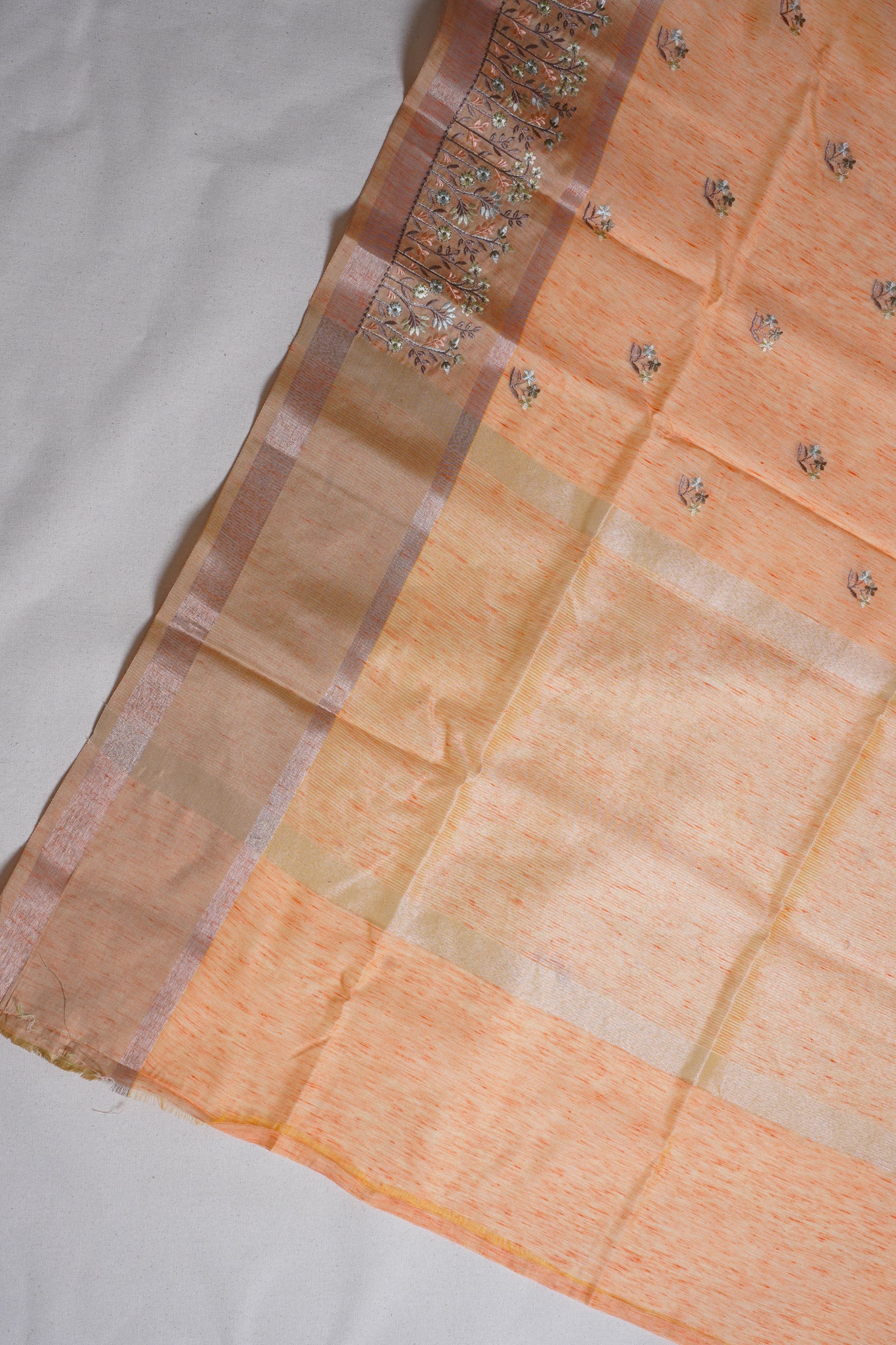 Bright Orange Linen Embroidery Saree