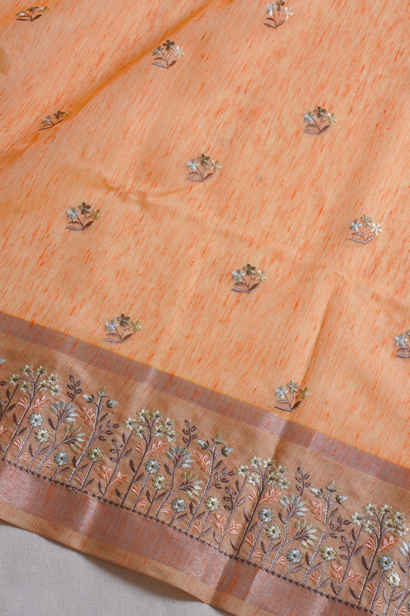 Bright Orange Linen Embroidery Saree