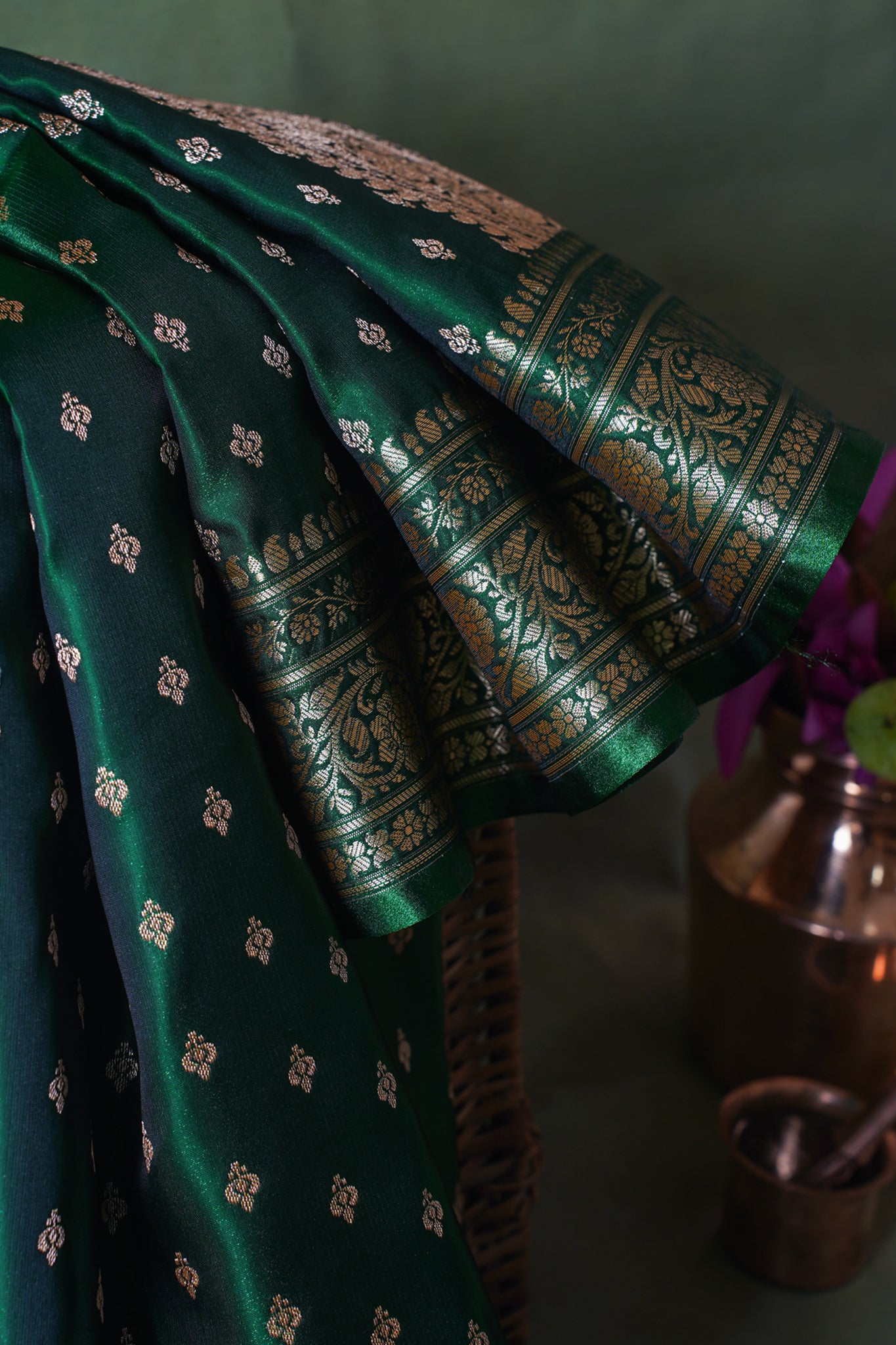 Emerald Green Banarasi Upada Satin Silk Buti Saree
