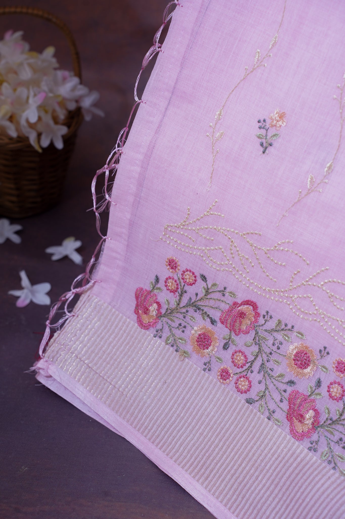 Baby Pink Cotton Saree with Minakari Floral Embroidery