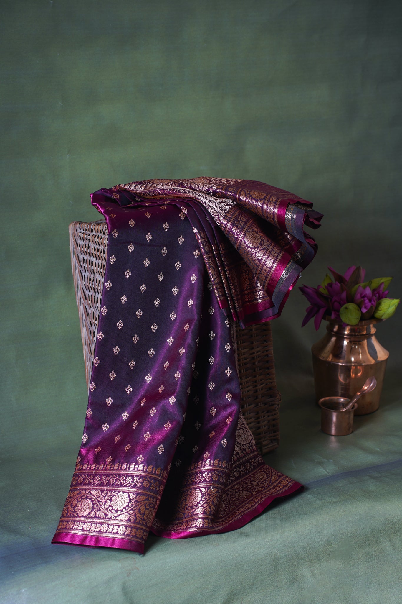 Deep Wine Banarasi Upada Satin Silk Buti Saree