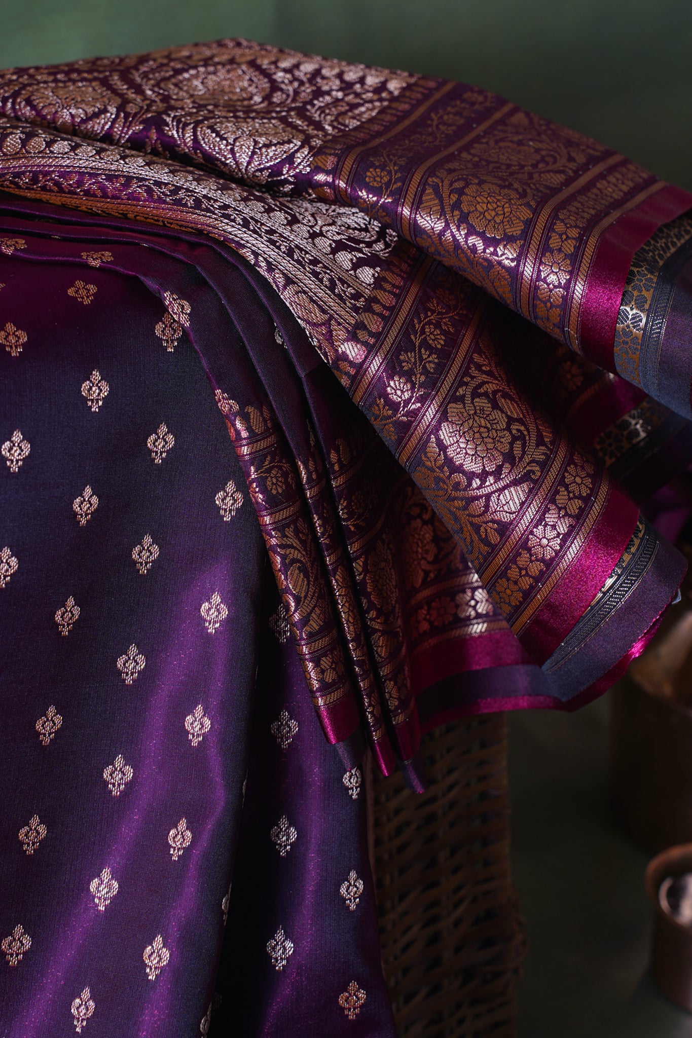 Deep Wine Banarasi Upada Satin Silk Buti Saree