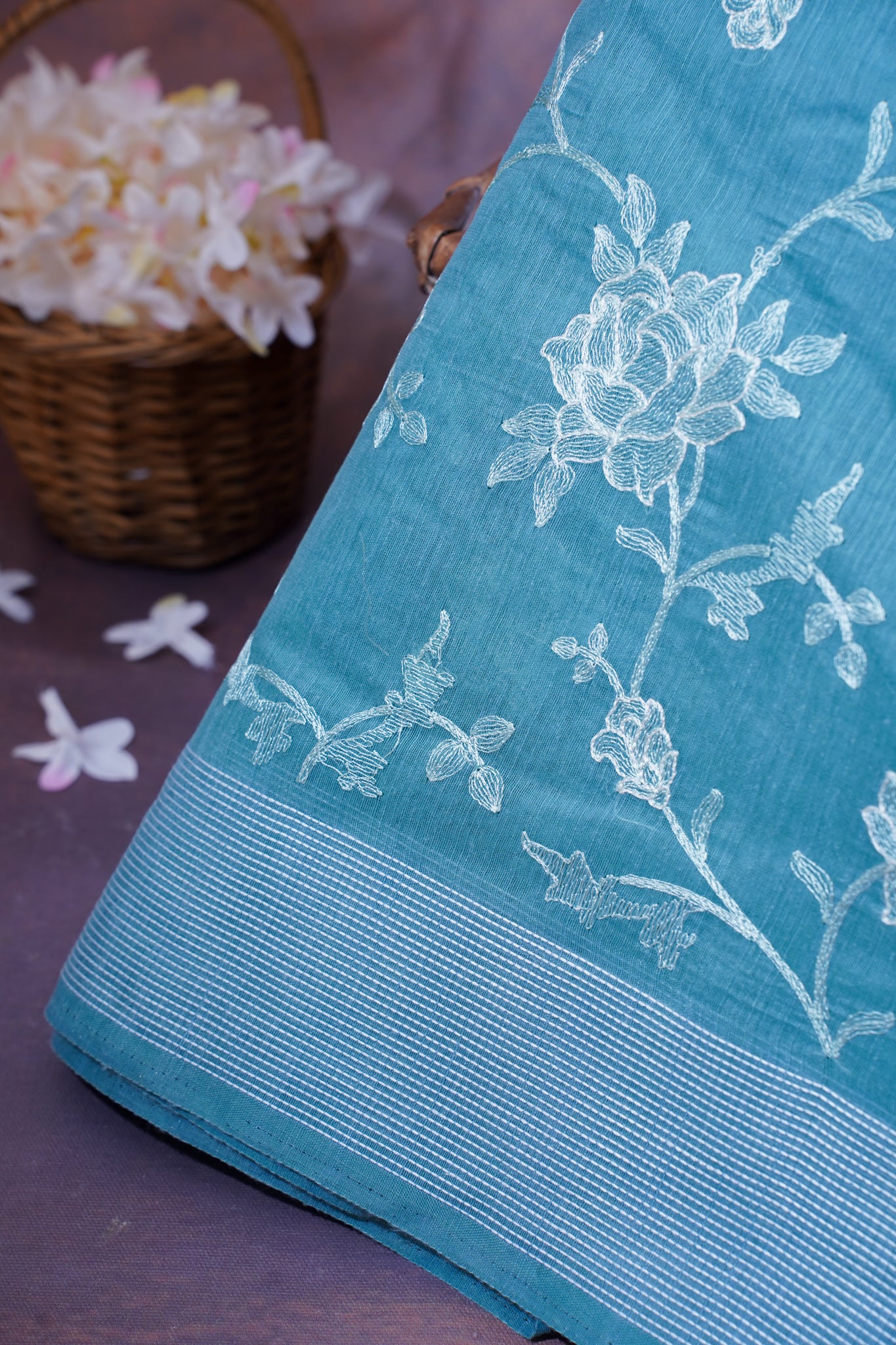 Sky Blue Linen Saree with White Chikankari Embroidery