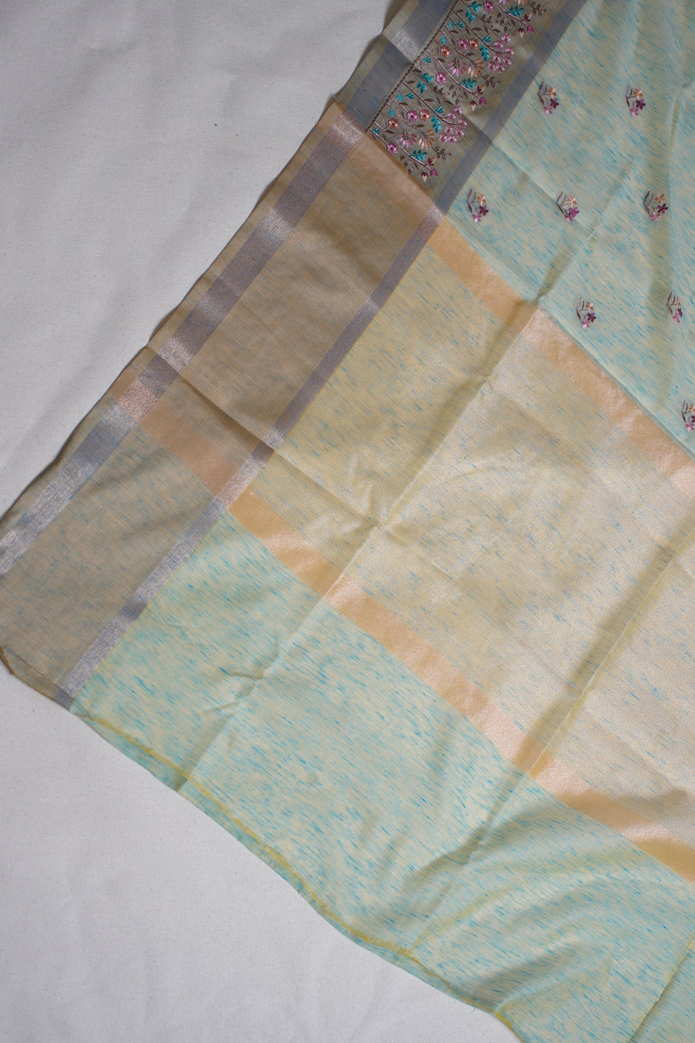 Pastel Green Linen Embroidery Saree