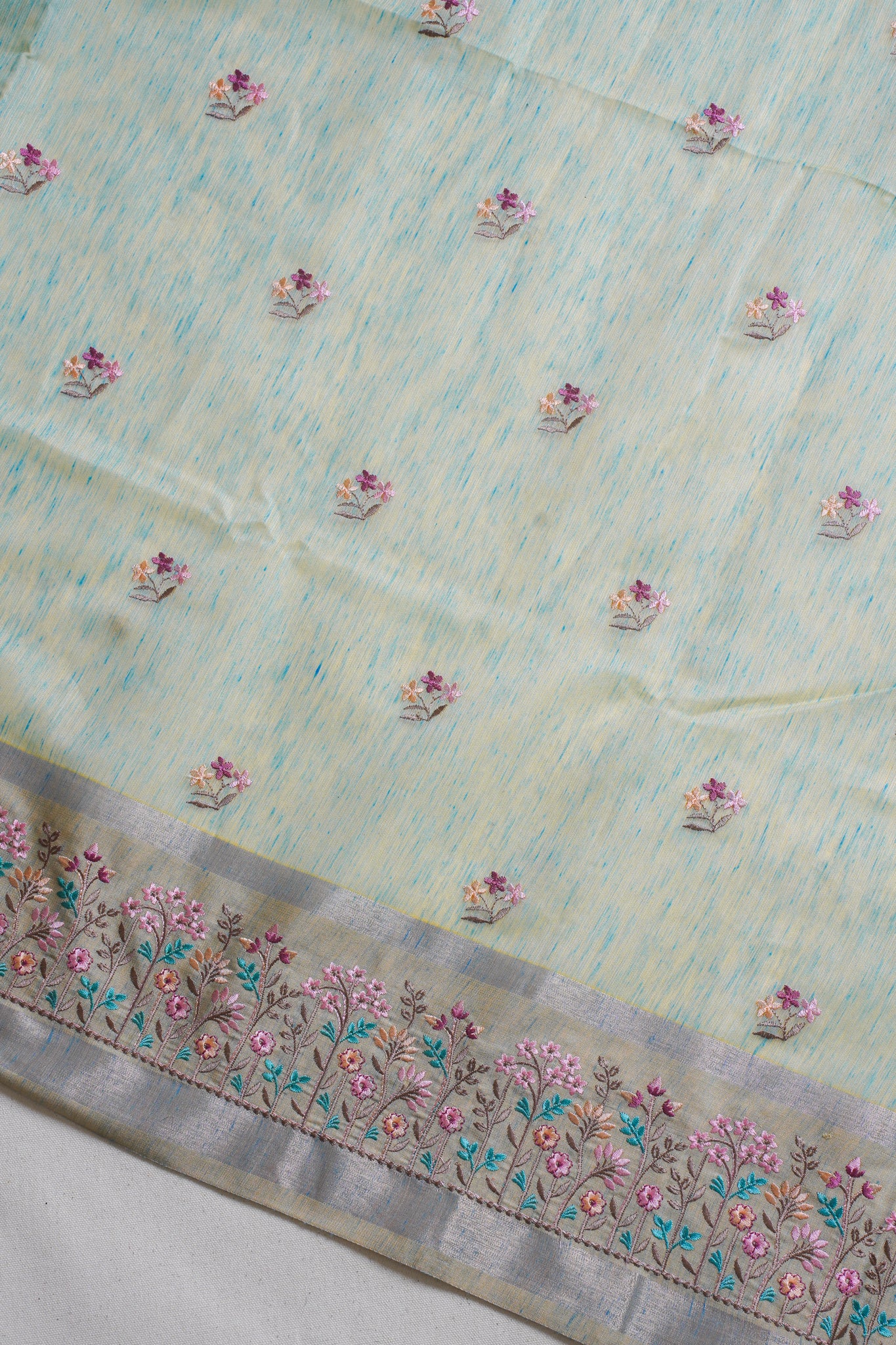 Pastel Green Linen Embroidery Saree