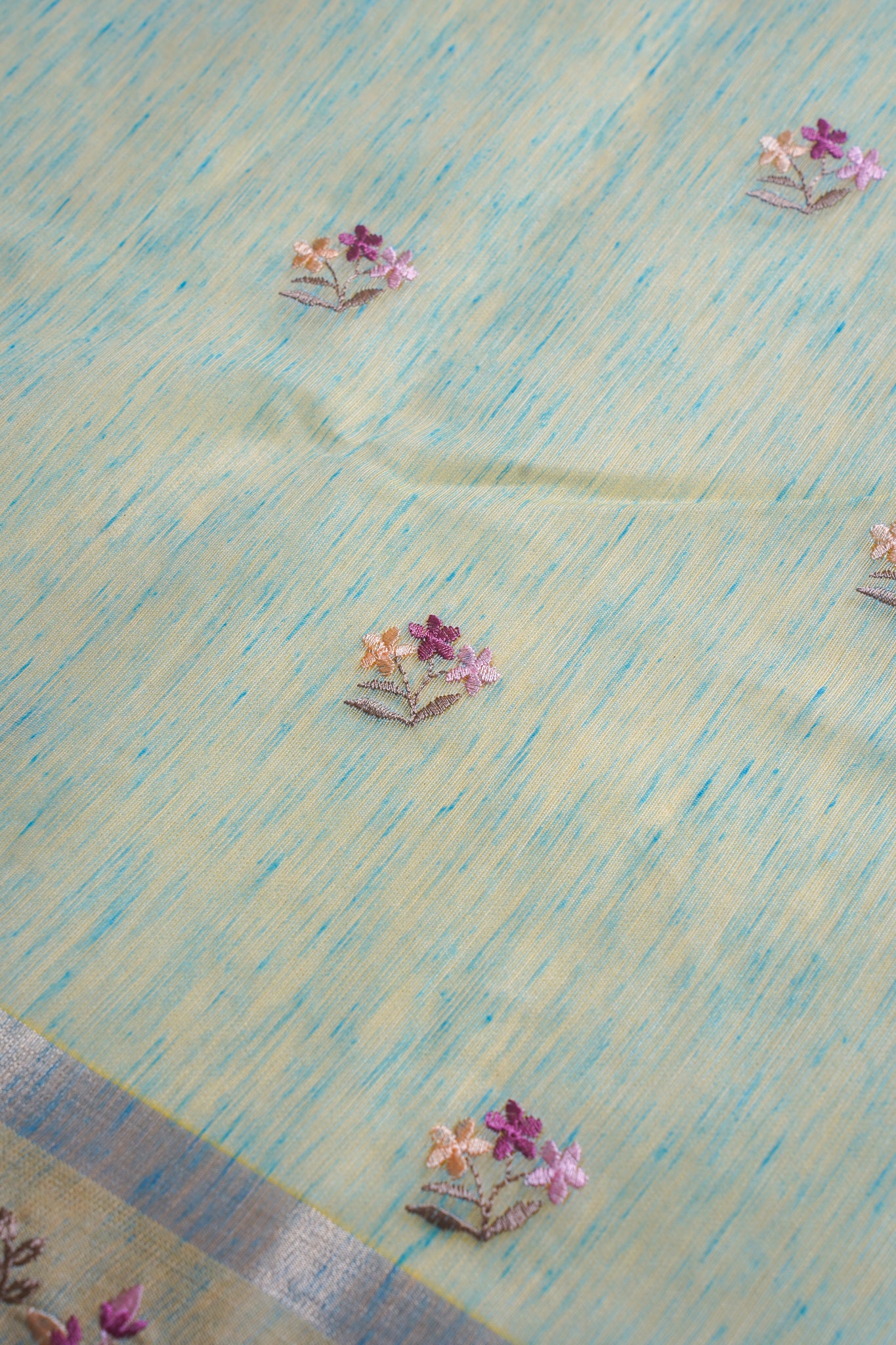 Pastel Green Linen Embroidery Saree