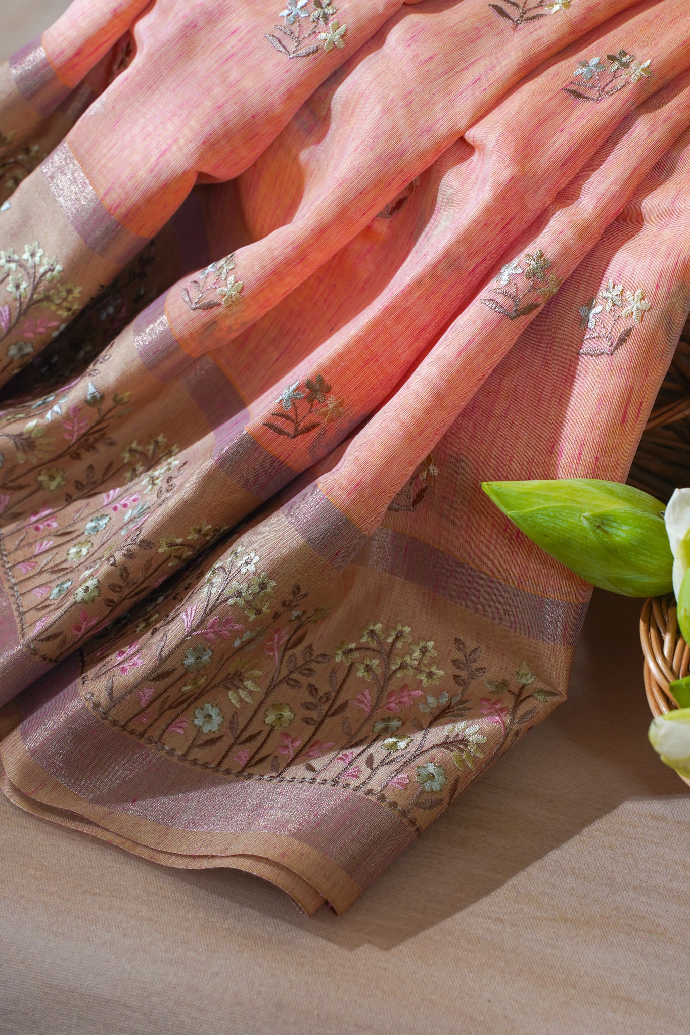 Peach-Pink Linen Embroidery Saree