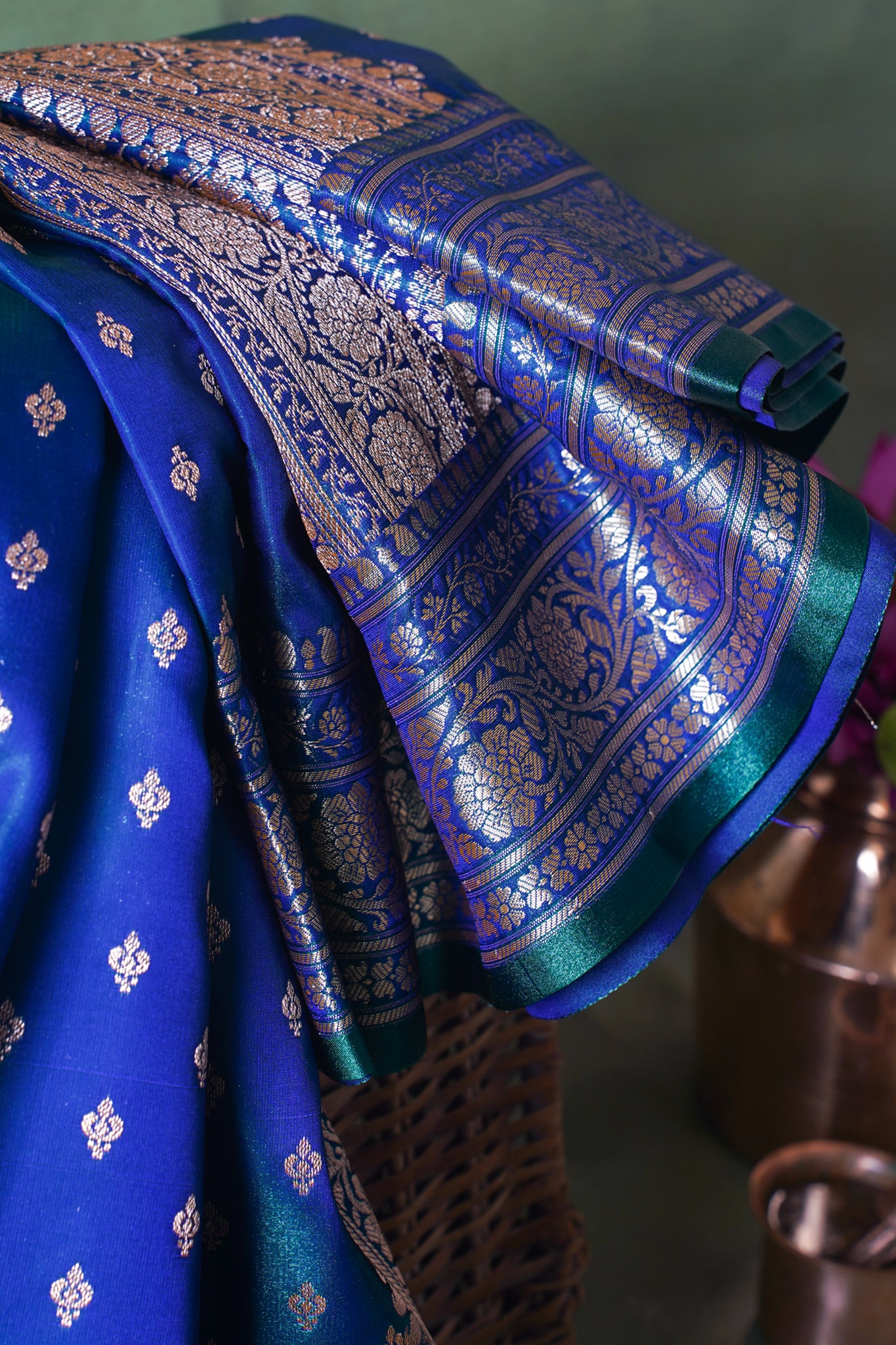 Midnight Blue Banarasi Upada Satin Silk Buti Saree