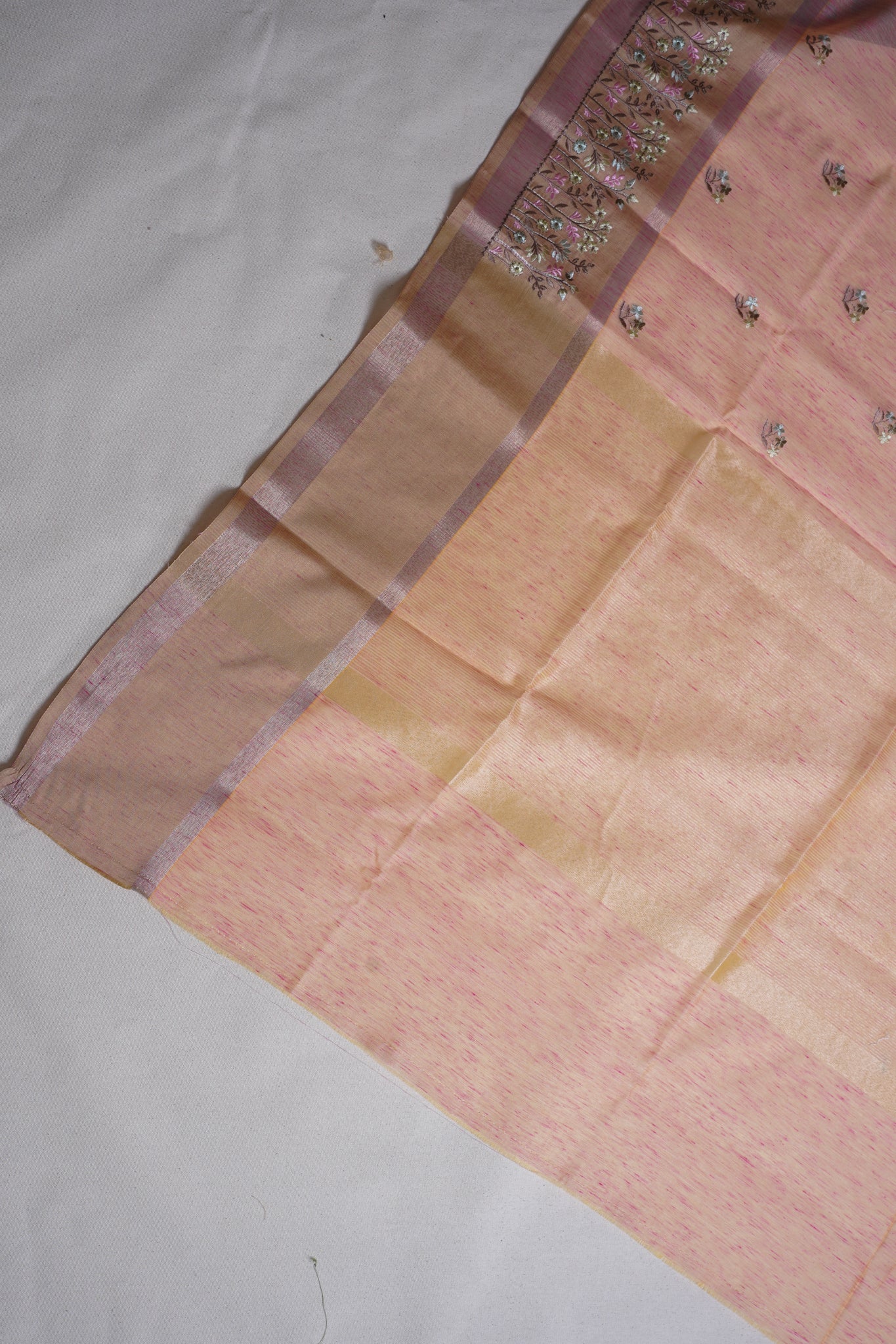 Peach-Pink Linen Embroidery Saree