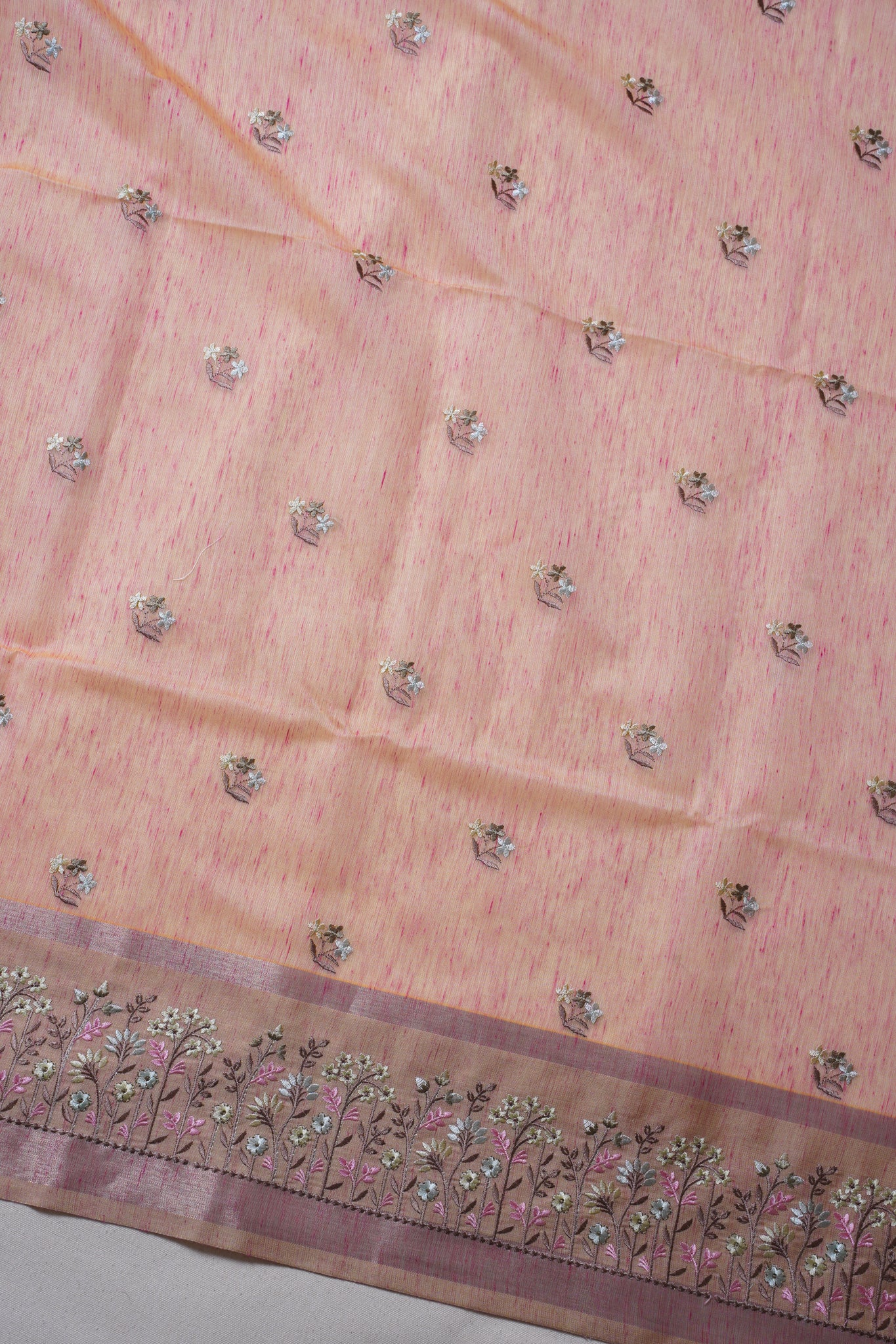 Peach-Pink Linen Embroidery Saree