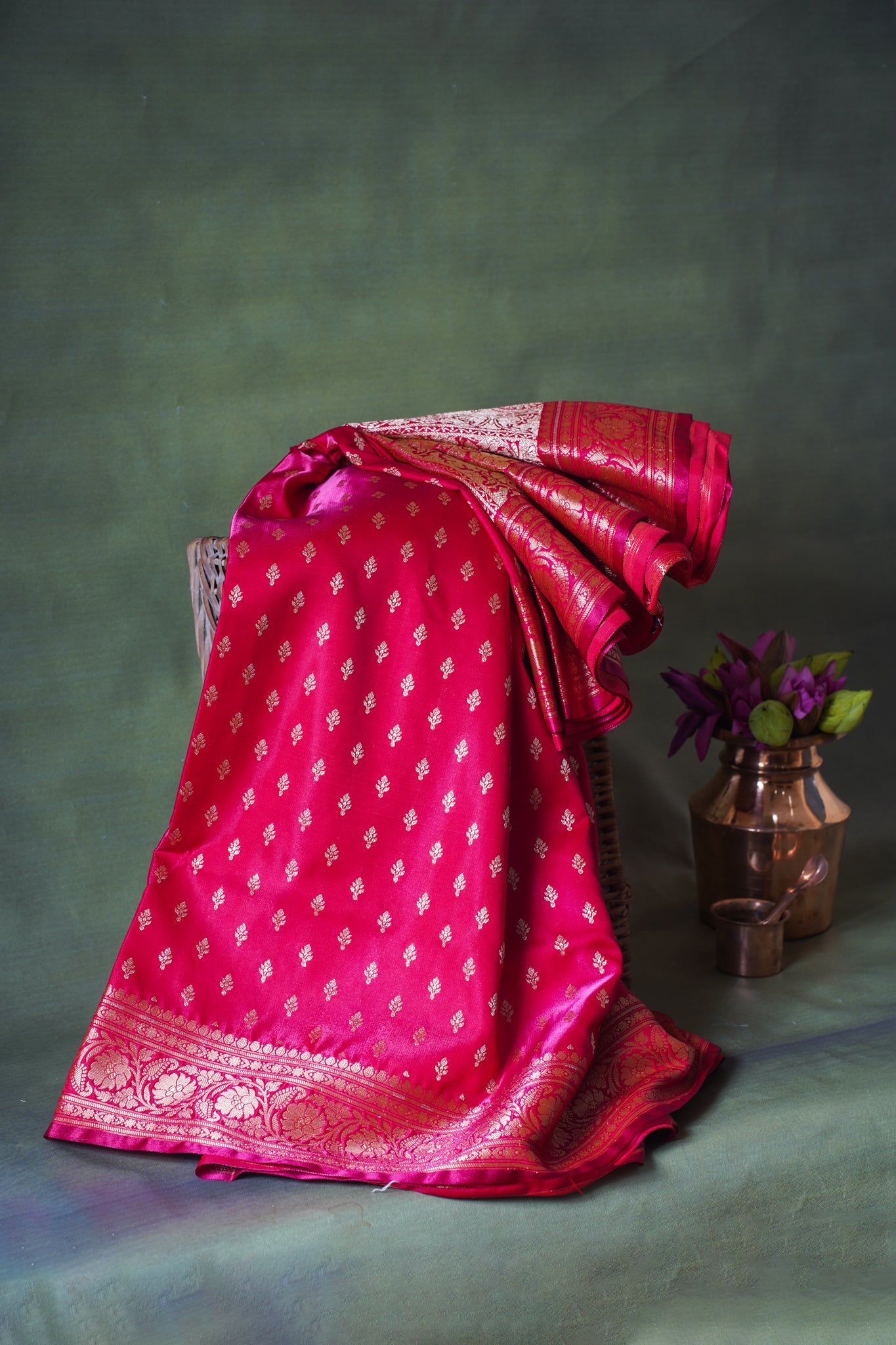 Crimson Pink Pure Banarasi Upada Satin Silk Buti Saree