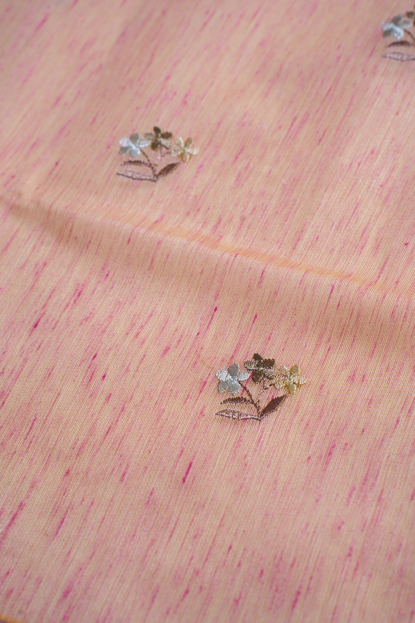 Peach-Pink Linen Embroidery Saree
