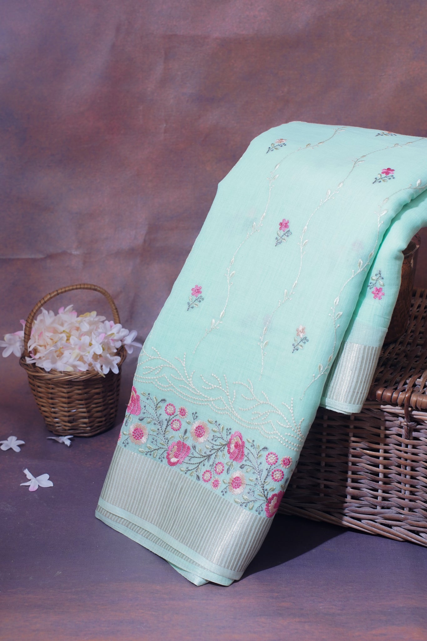 Mint Green Cotton Saree with Minakari Floral Embroidery