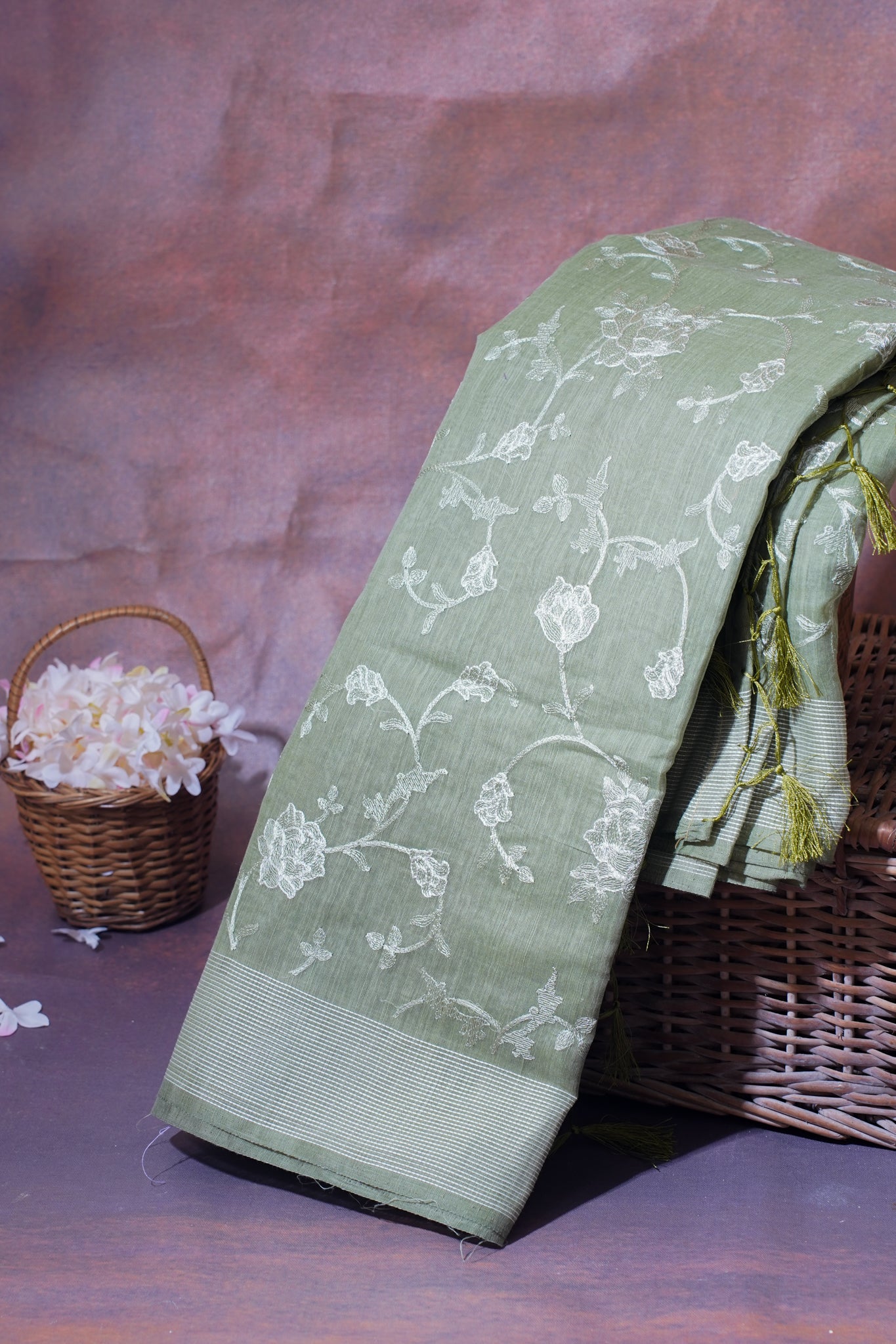 Sage Green Pure Linen Saree with White Chikankari Embroidery
