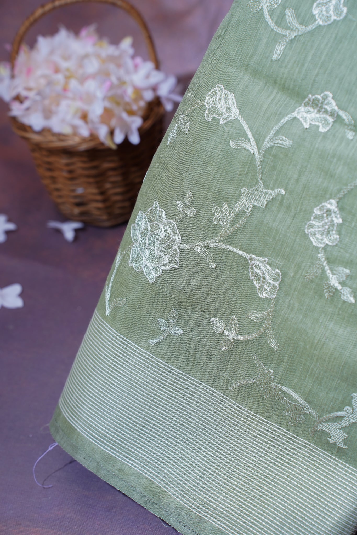 Sage Green Pure Linen Saree with White Chikankari Embroidery