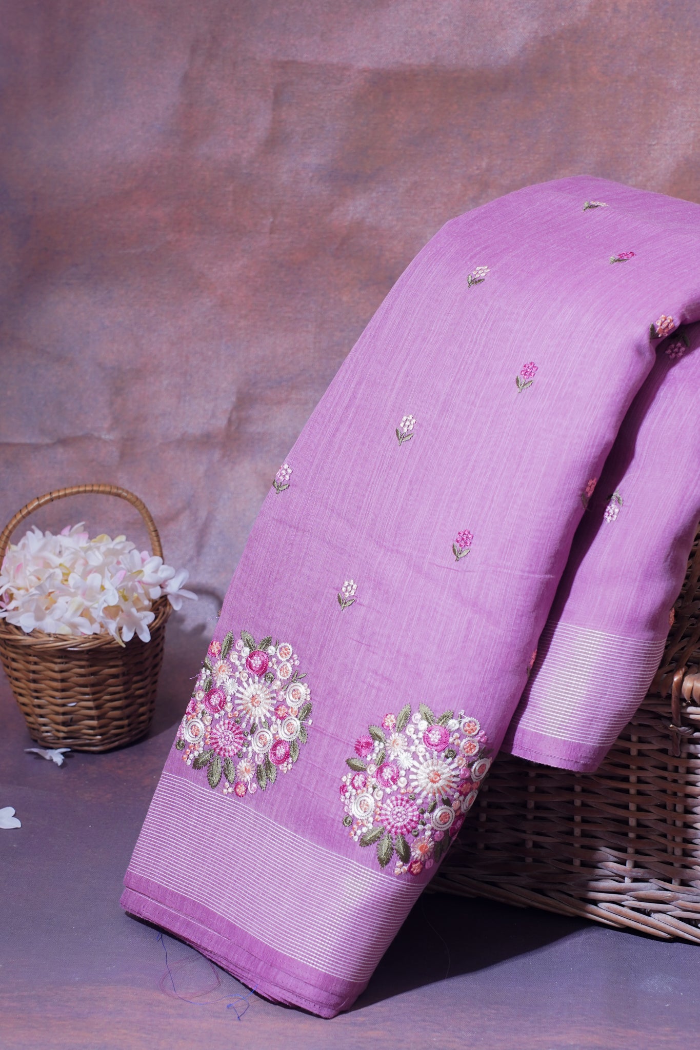Lavender Linen Saree with Multicolor Floral Chikankari Embroidery