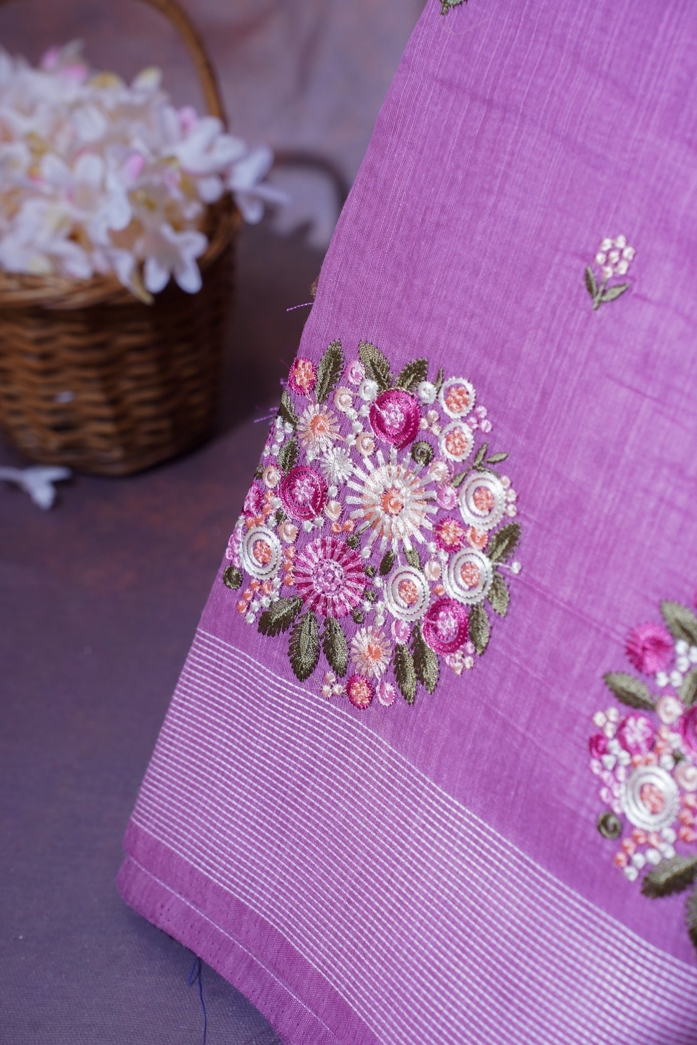 Lavender Linen Saree with Multicolor Floral Chikankari Embroidery