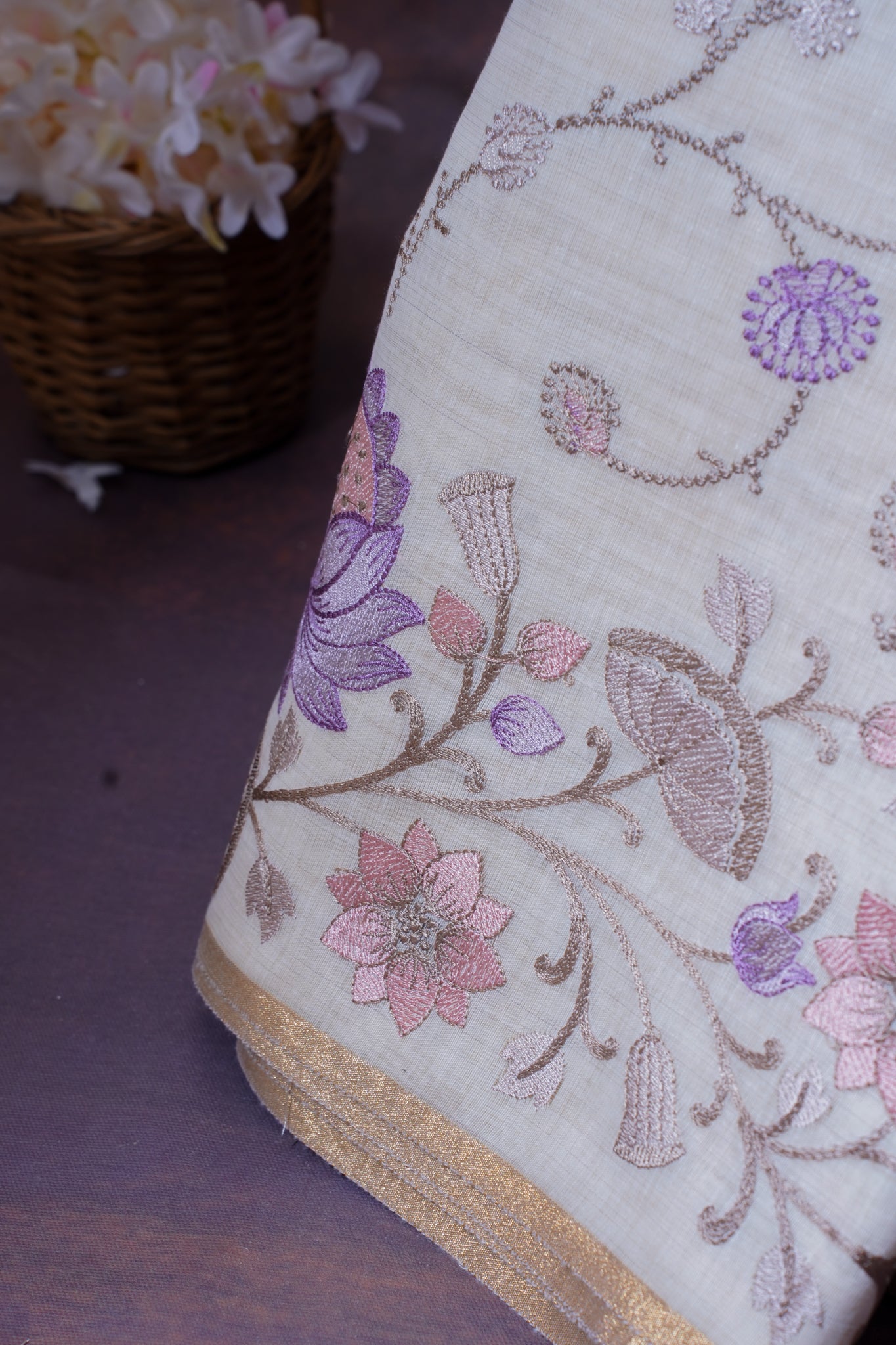 Off-White Cotton Saree with Multicolor Minakari Embroidery