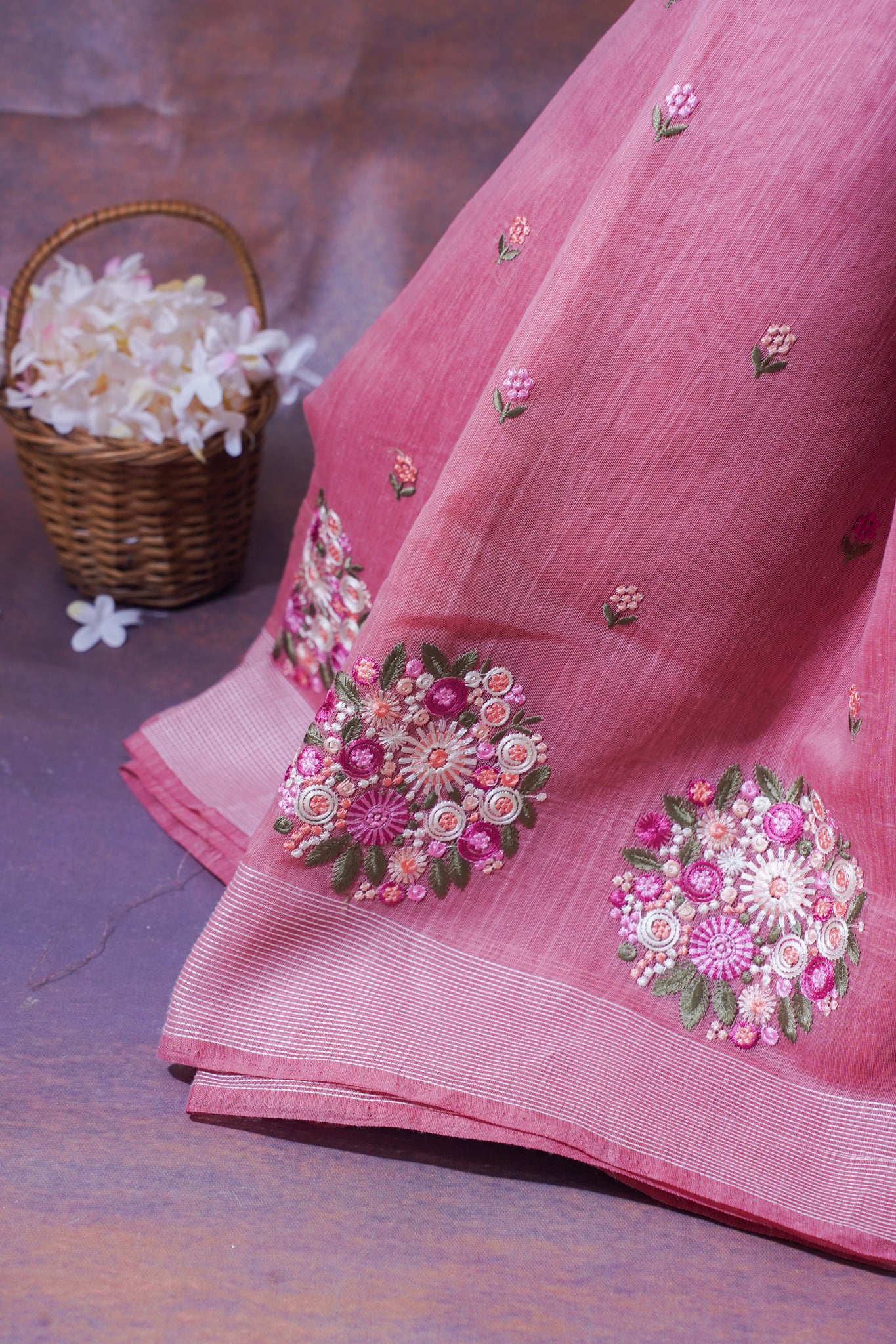 Rose Pink Pure Linen Saree with Multicolor Chikankari Embroidery