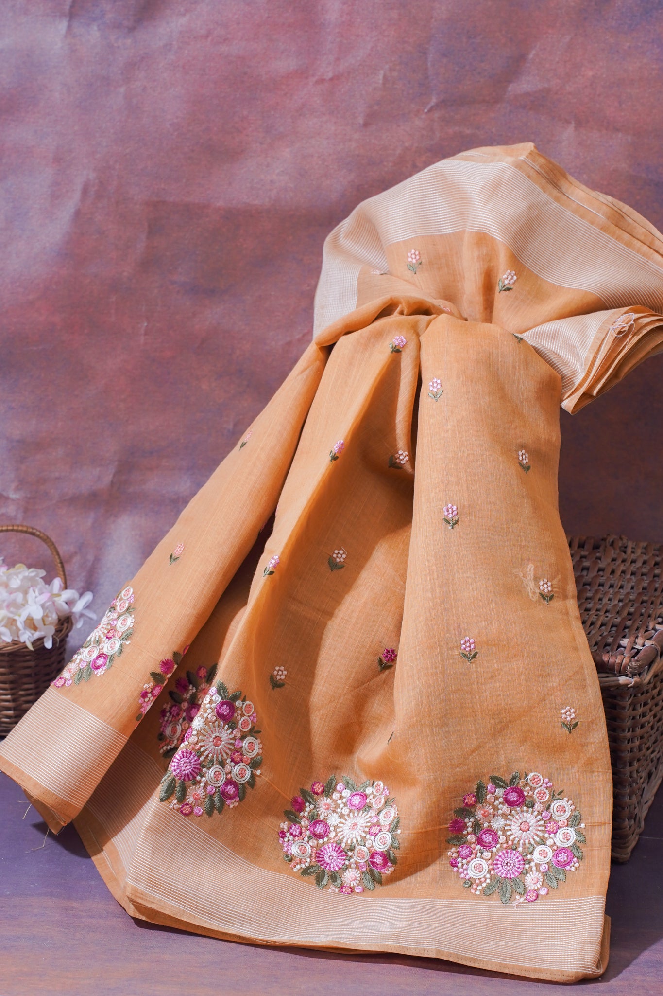 Peach Pure Linen Saree with Multicolor Chikankari Embroidery