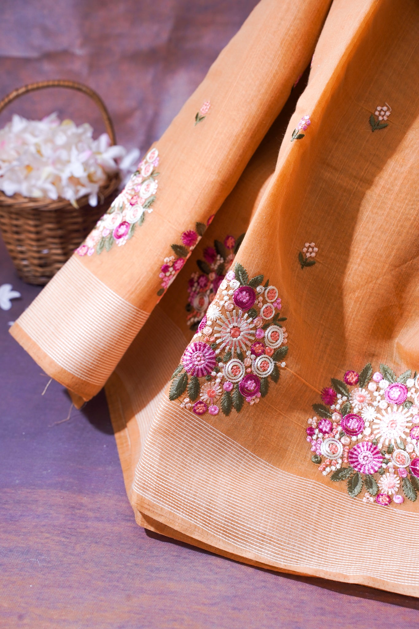 Peach Pure Linen Saree with Multicolor Chikankari Embroidery