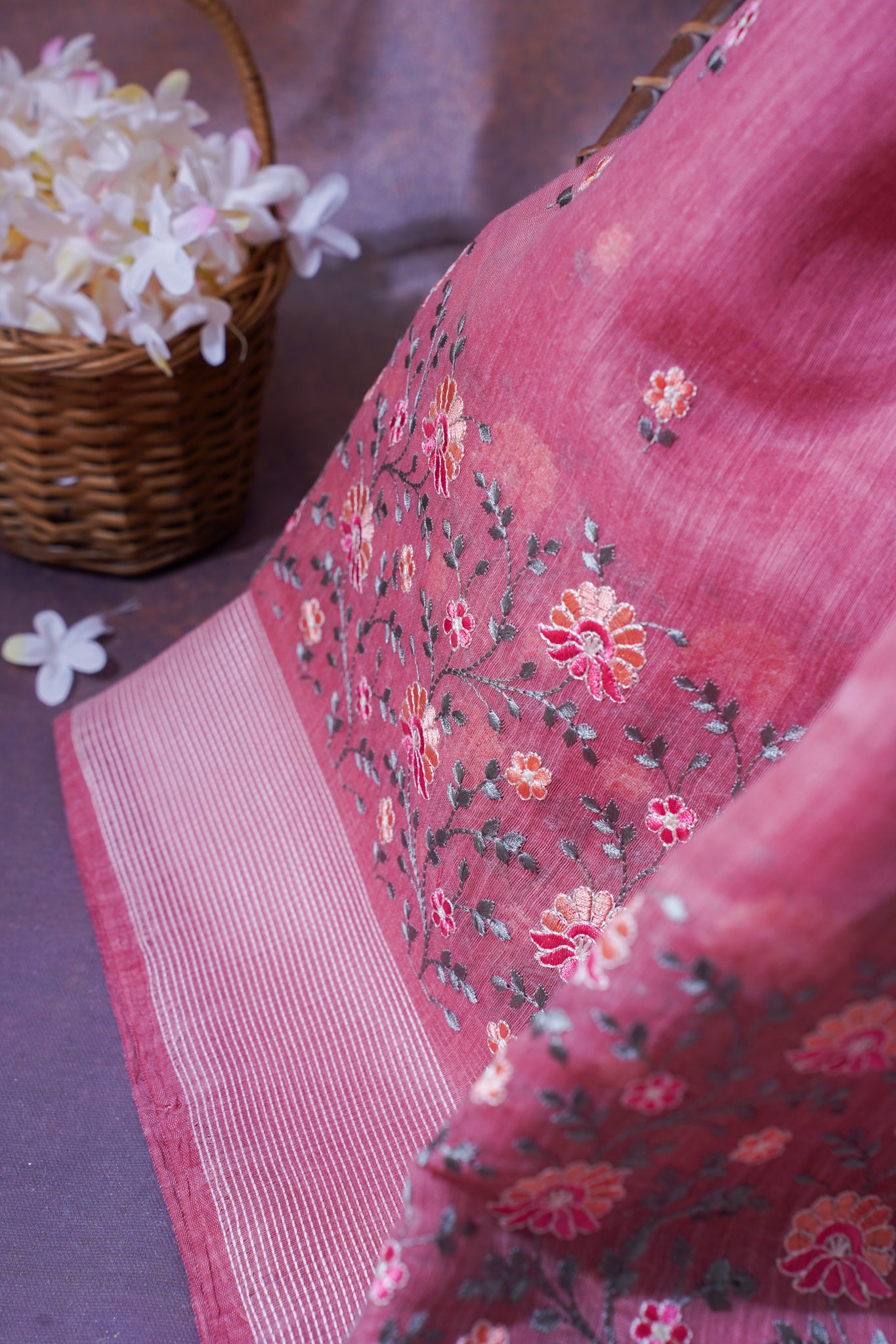 Baby Pink Pure Linen Saree with Grey and Pink Chikankari Embroidery