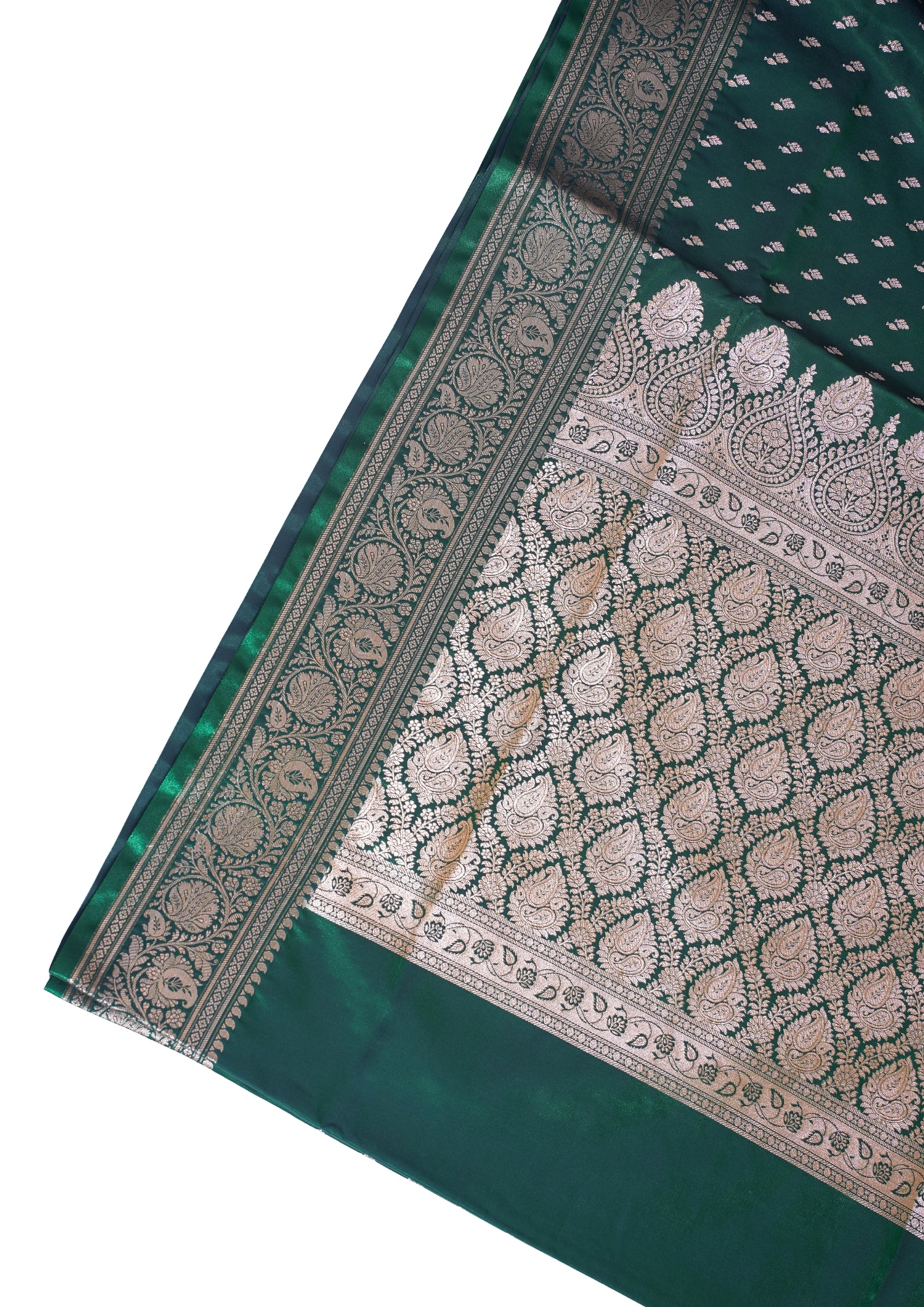 Deep Bottle Green Banarasi Upada Satin Silk Buti Saree