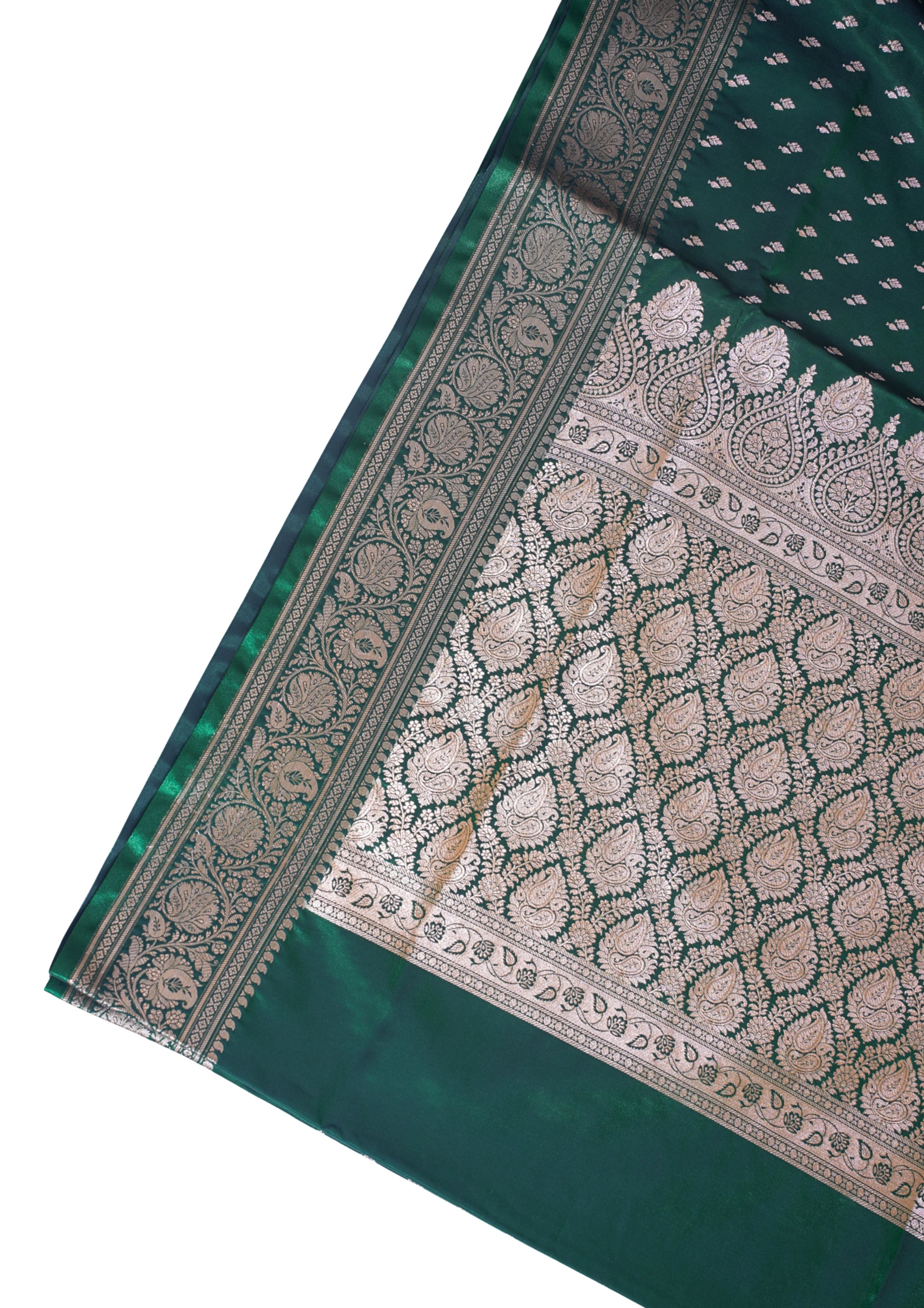 Deep Bottle Green Banarasi Upada Satin Silk Buti Saree