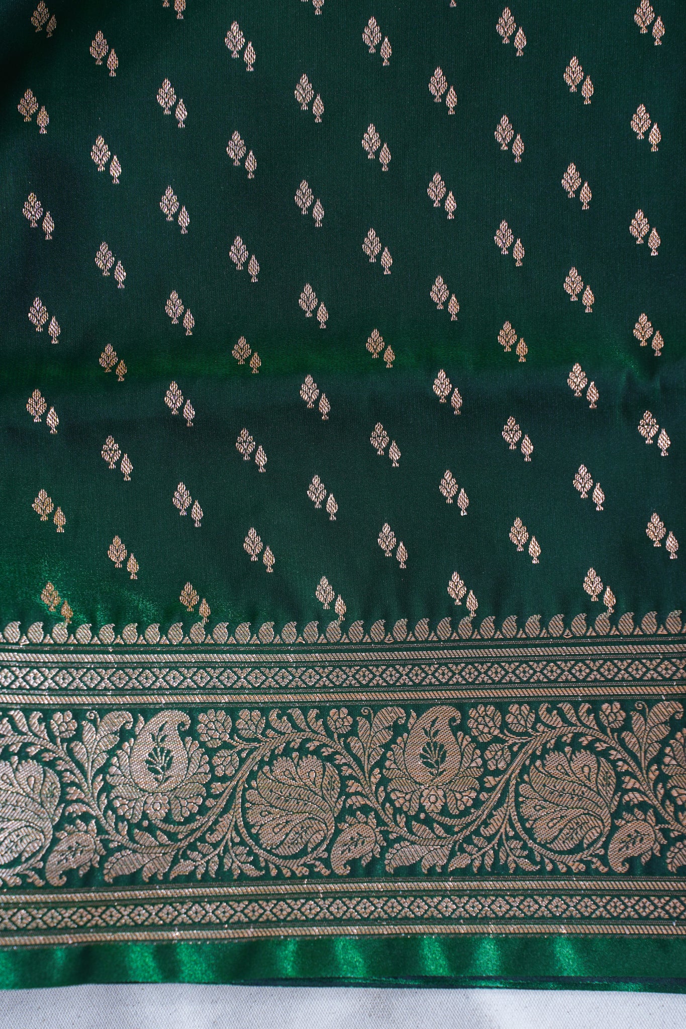 Deep Bottle Green Banarasi Upada Satin Silk Buti Saree