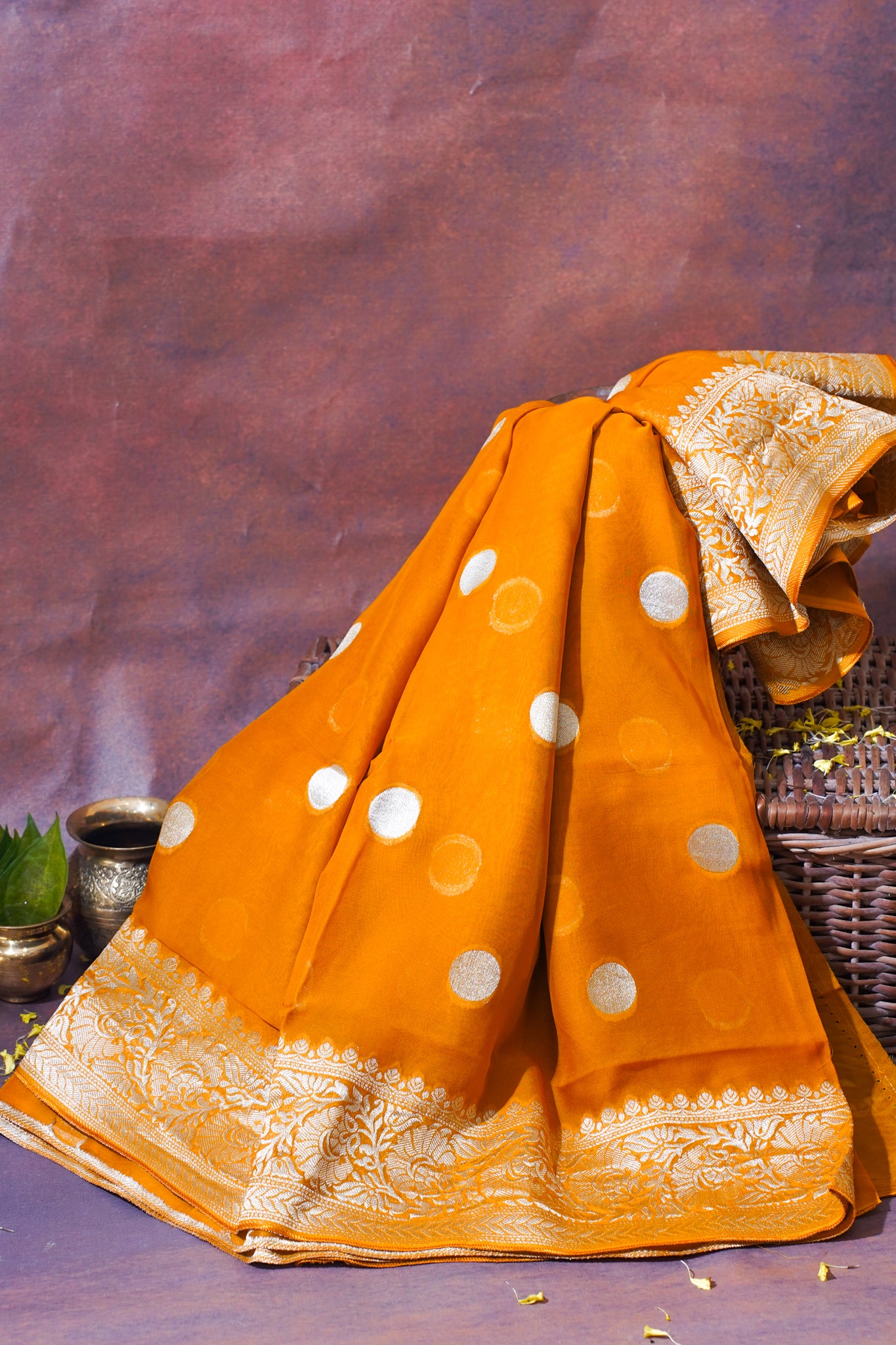Mustard Yellow Khaddi Georgette Minakari Gola Saree