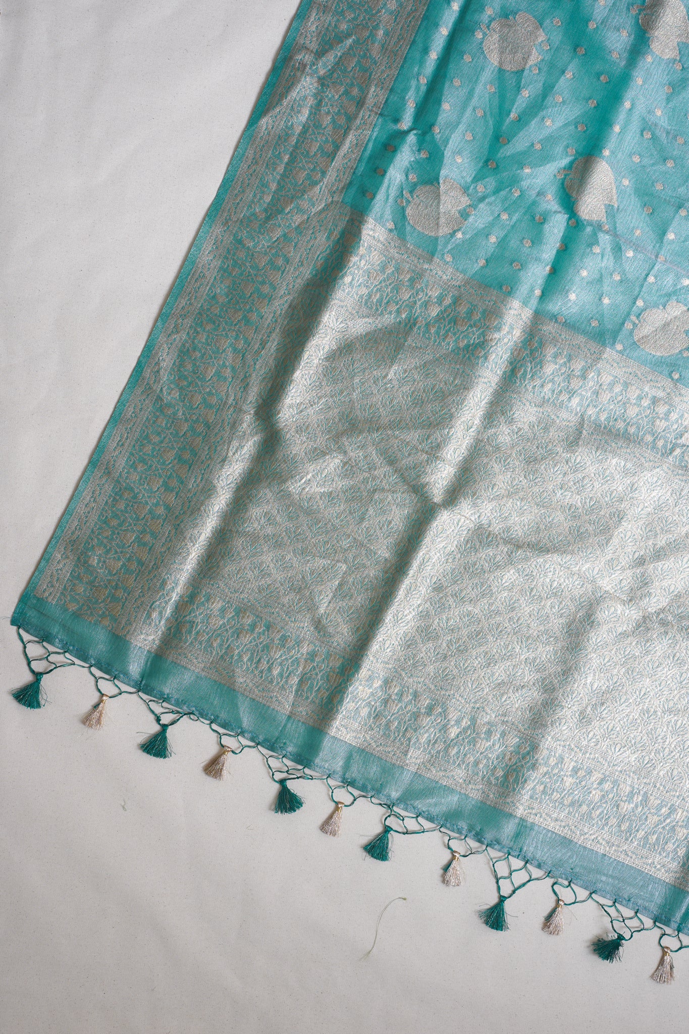 Turquoise Green Tissue Silk Saree