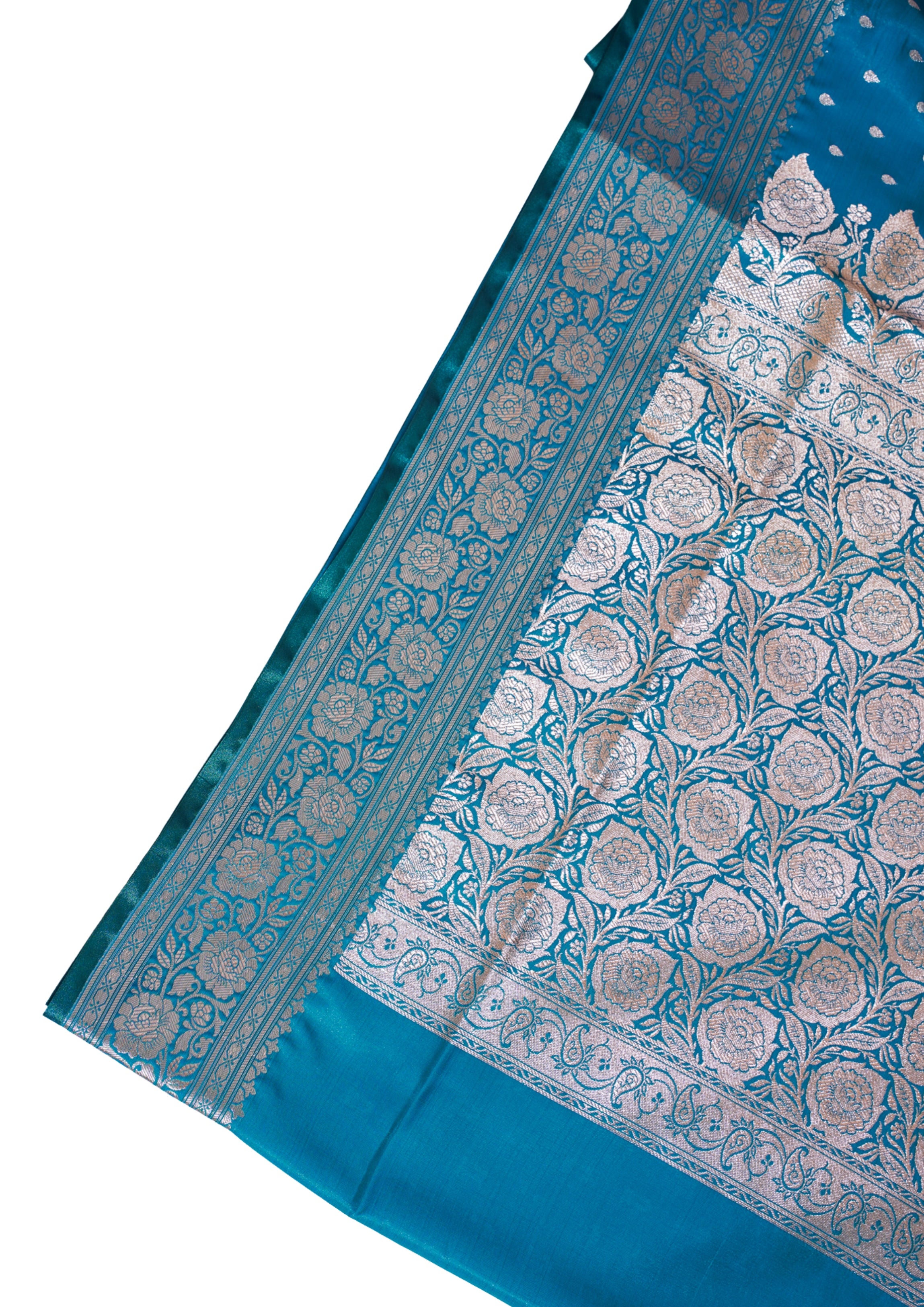Peacock Blue Banarasi Upada Satin Silk Buti Saree