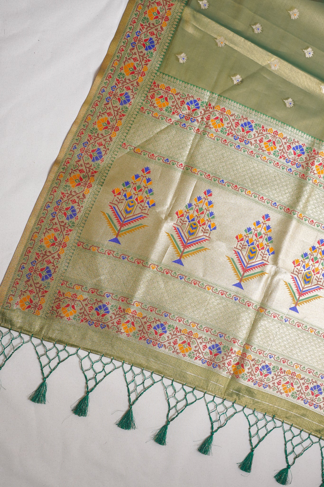 Olive Green Paithani Minakari Tissue Silk Saree