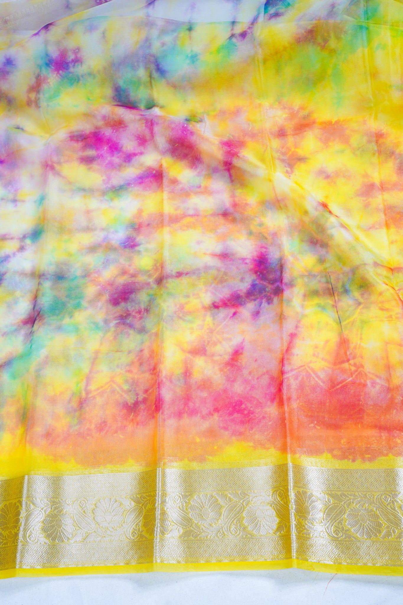 Multicolor Yellow Organza Badal Print Saree