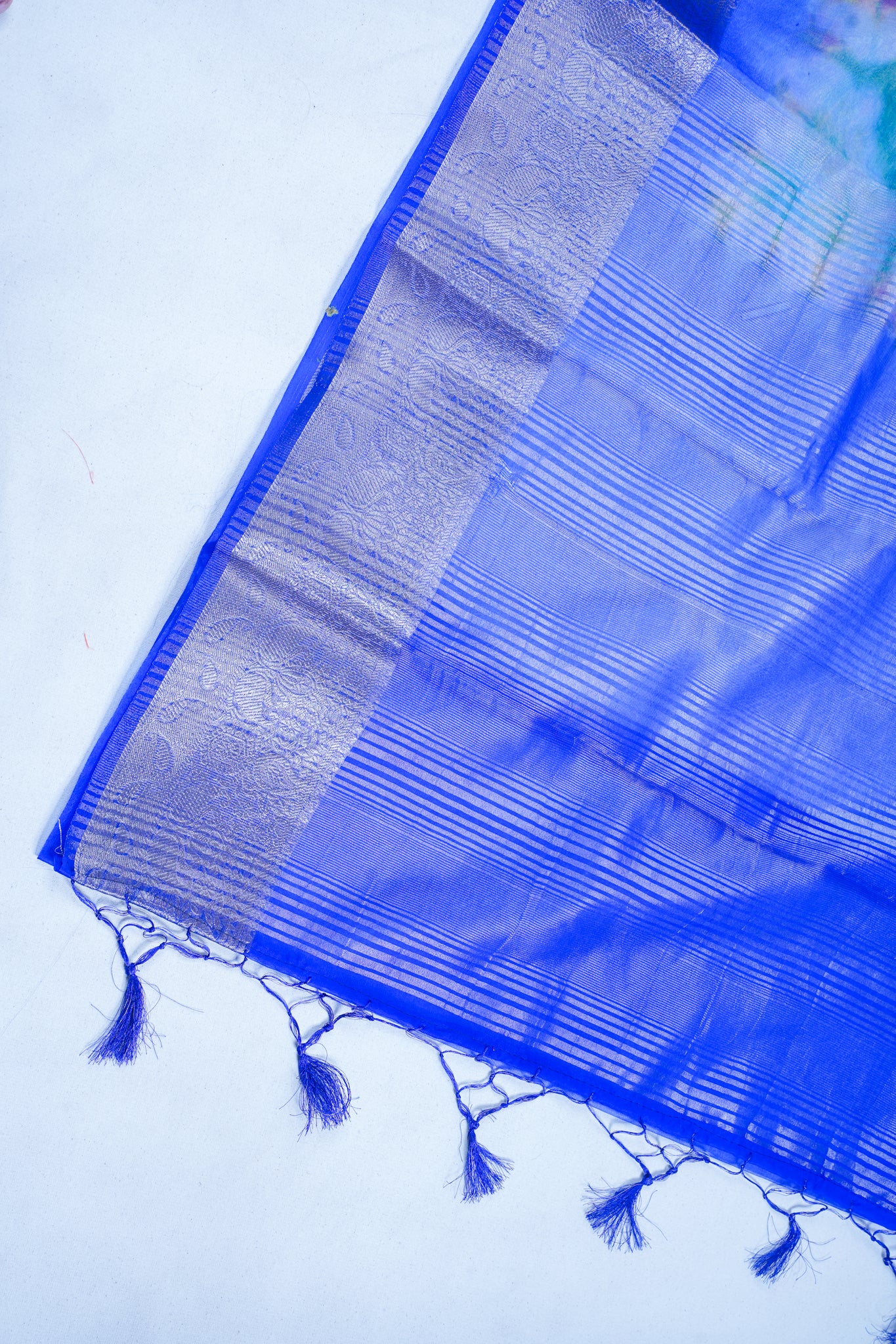 Multicolor Blue Organza Badal Print Saree
