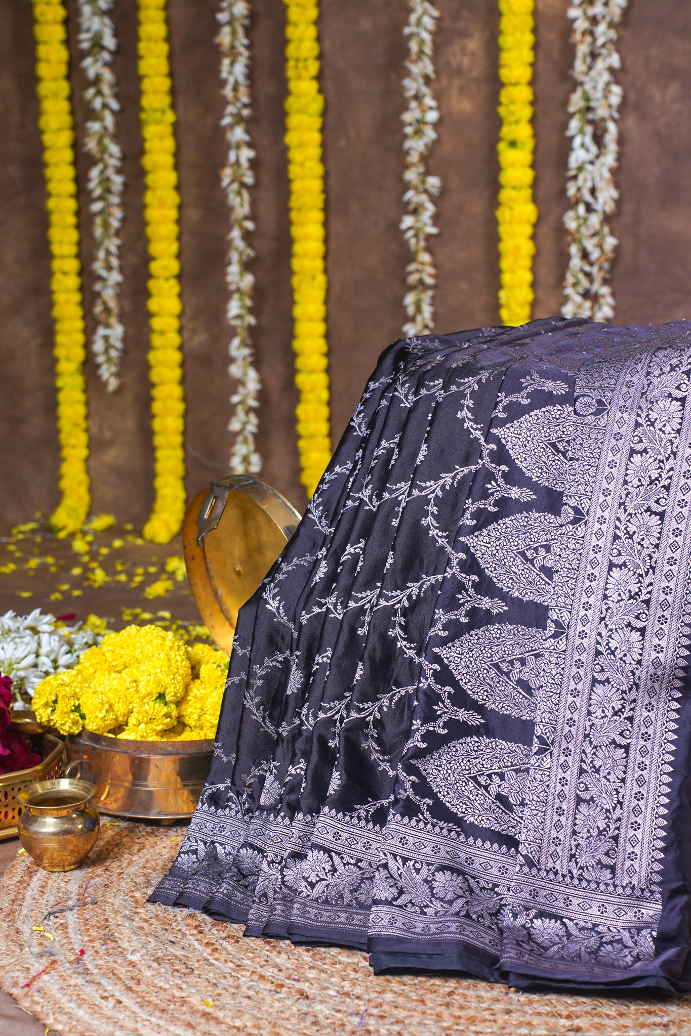 Charcoal Grey Banarasi Mashru Katan Silk Saree