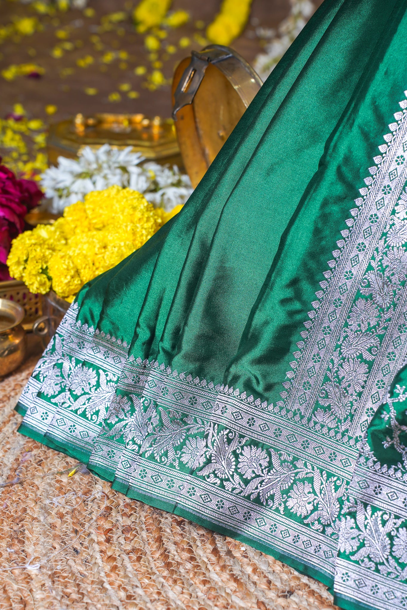 Bottle Green Banarasi Mashru Katan Silk Saree