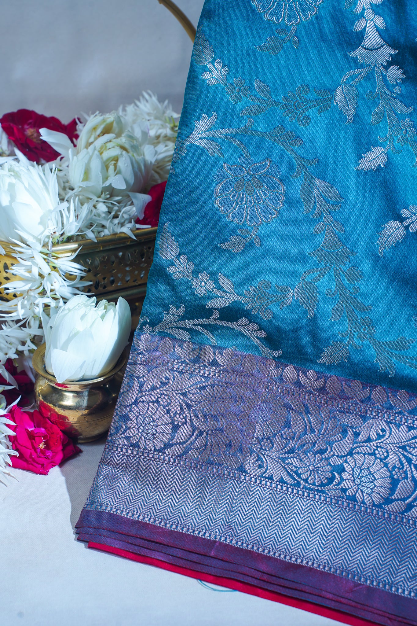 Teal Blue Banarasi Katan Alfi Jaal Saree