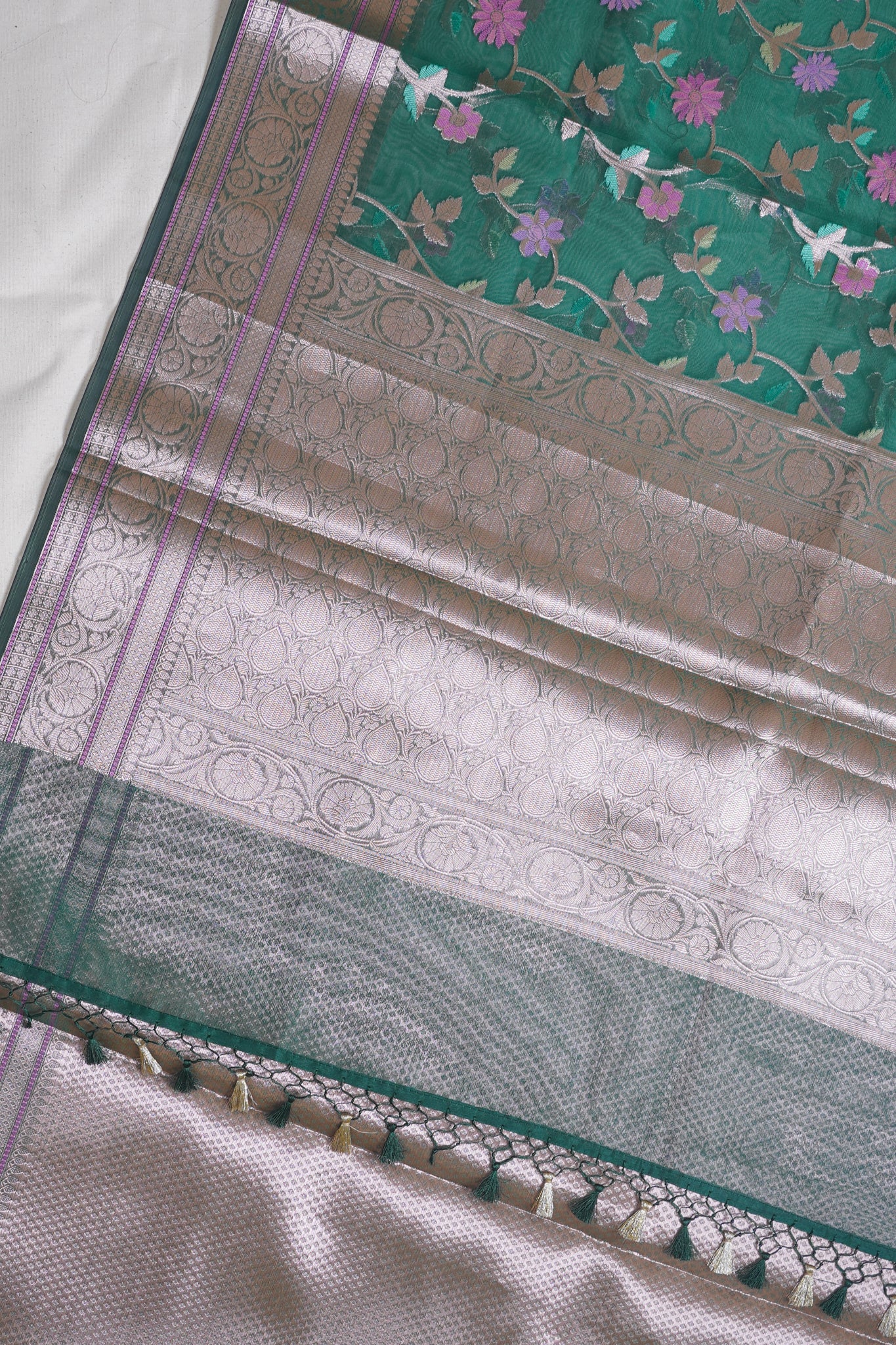 Green Organza Banarasi Tilfi Minakari Jaal Saree