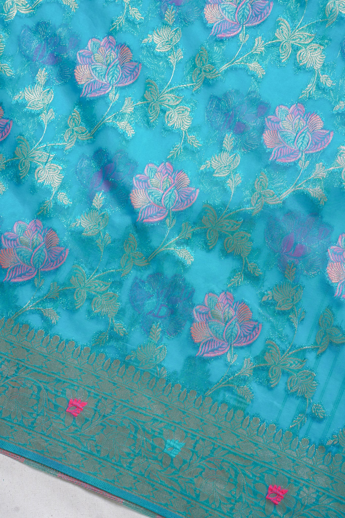 Turquoise Blue Organza Minakari Jaal Saree