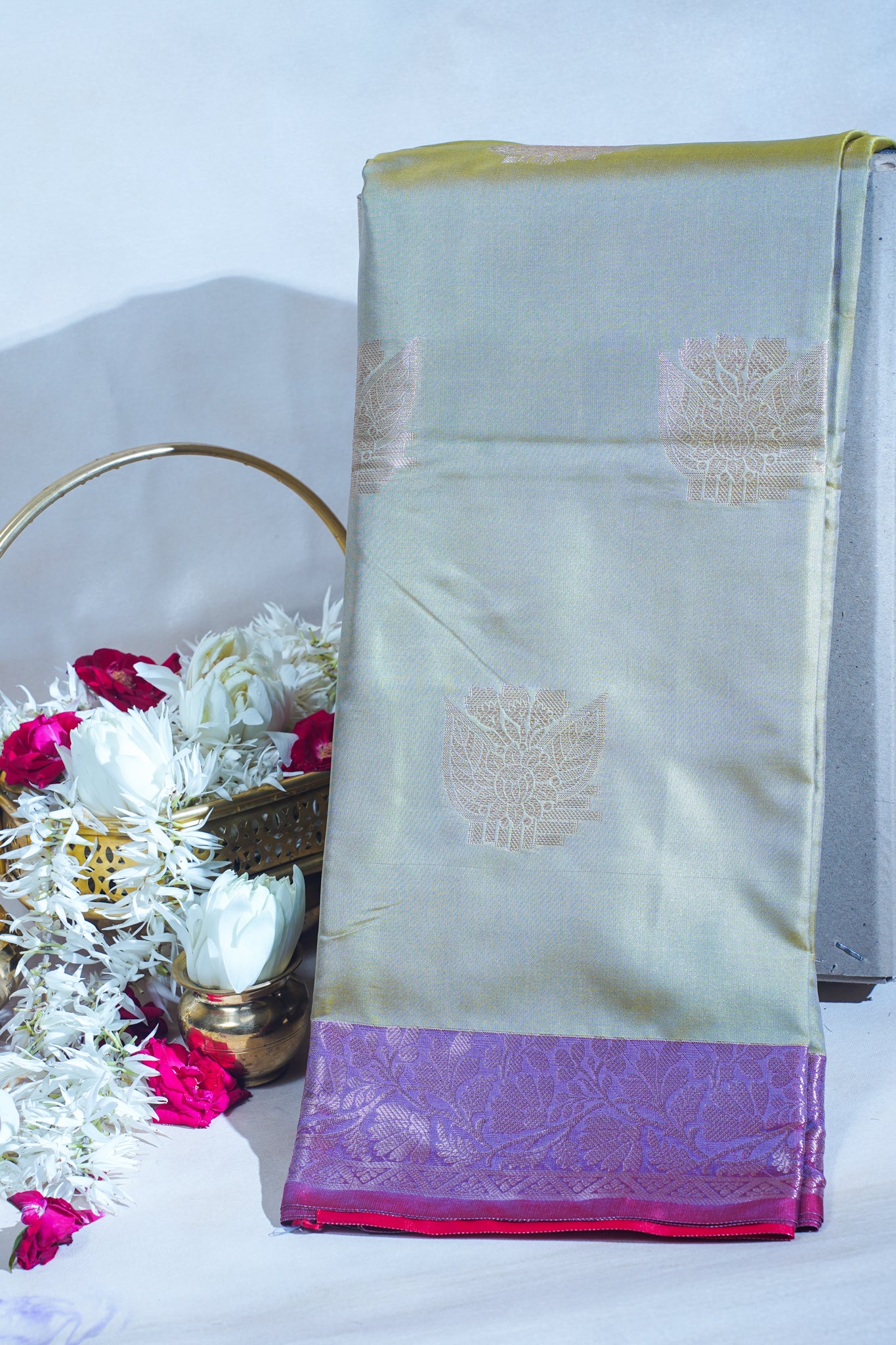 Pastel Grey-Green Banarasi Silk Saree with Buta Work