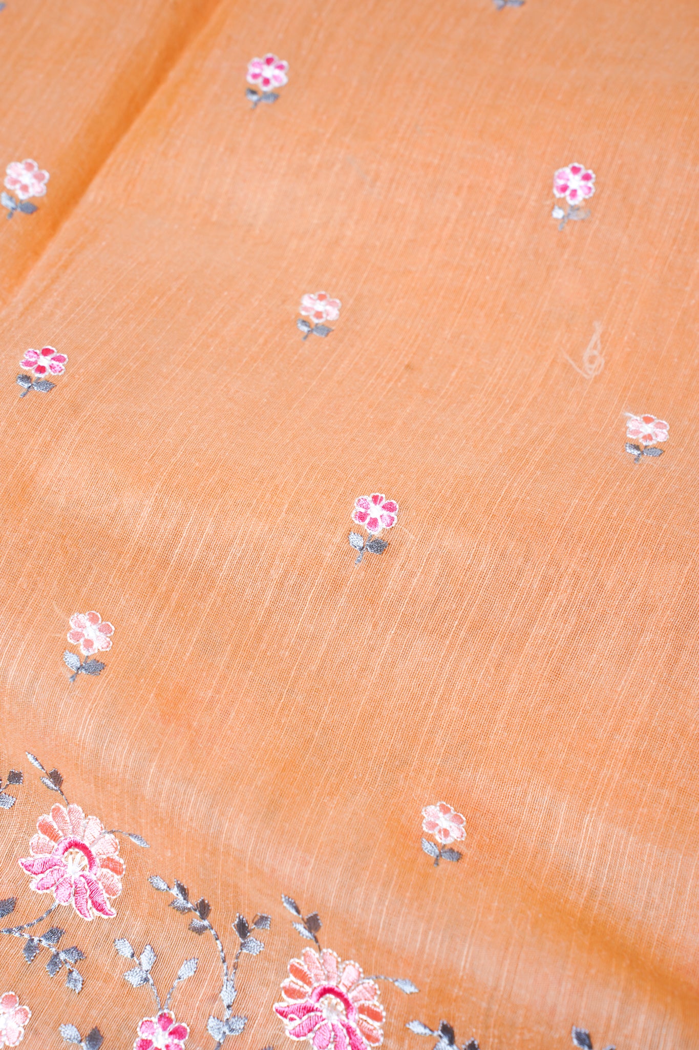 Peach Pure Linen Saree with Grey and Pink Chikankari Embroidery