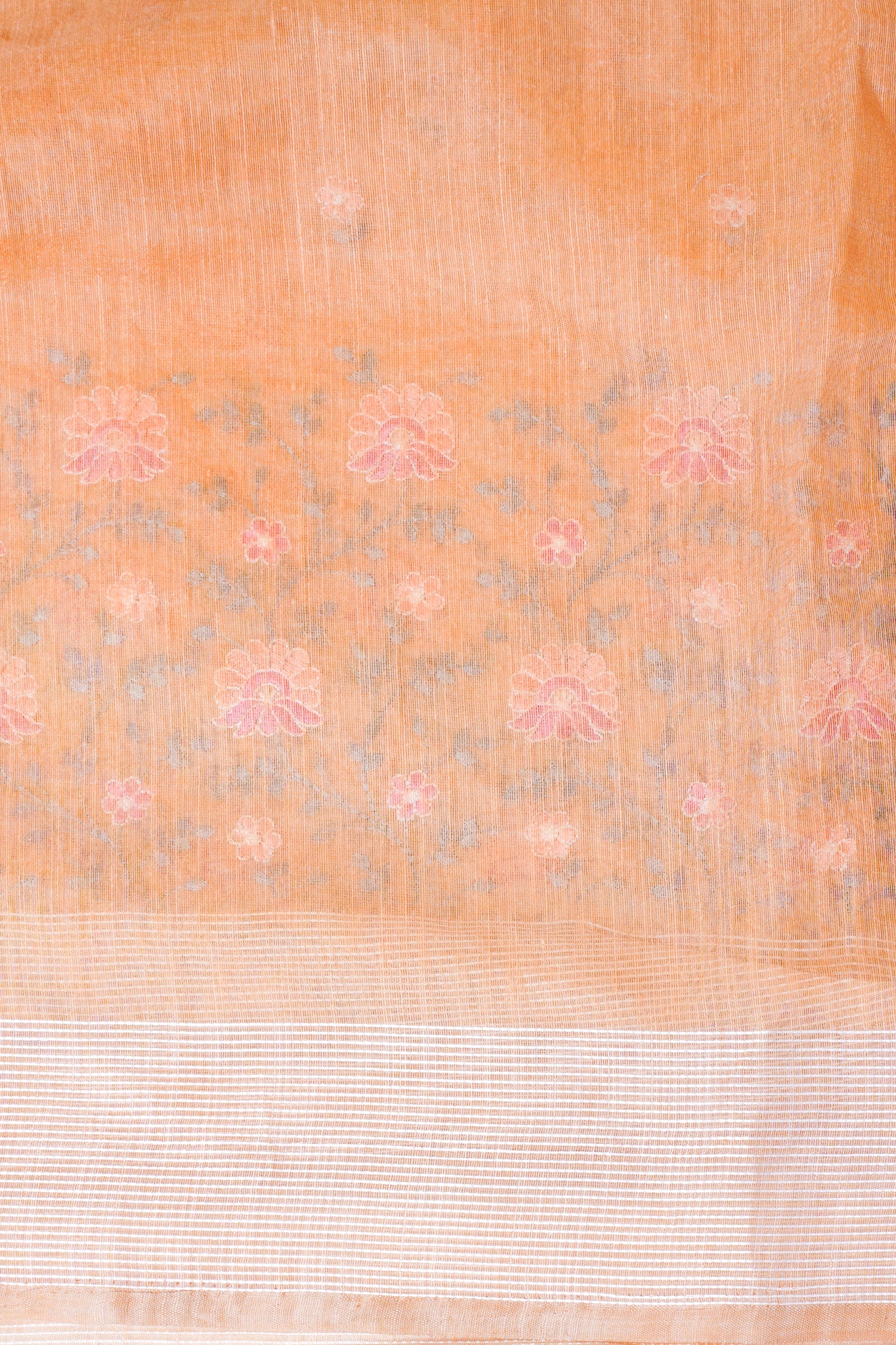 Peach Pure Linen Saree with Grey and Pink Chikankari Embroidery