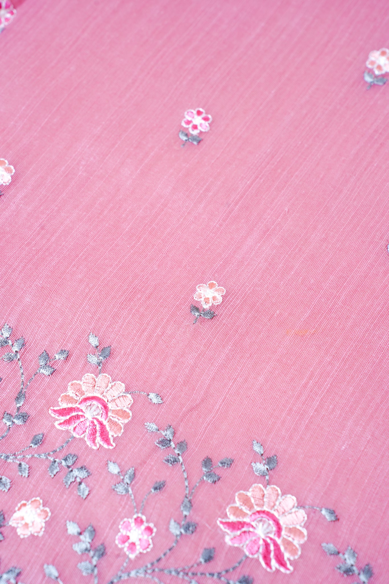 Baby Pink Pure Linen Saree with Grey and Pink Chikankari Embroidery