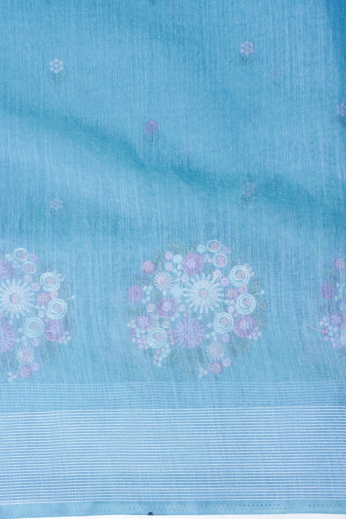 Sky Blue Pure Linen Saree with Multicolor Chikankari Embroidery