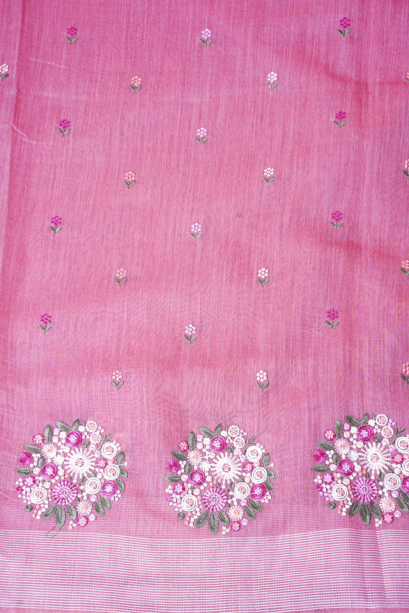 Rose Pink Pure Linen Saree with Multicolor Chikankari Embroidery