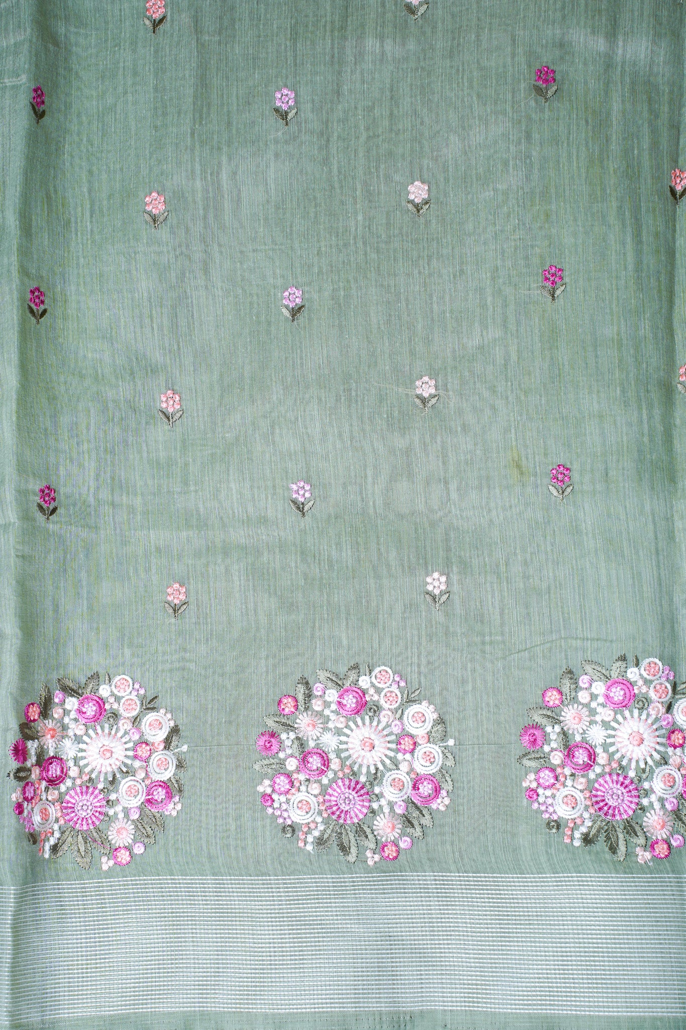 Sage Green Pure Linen Saree with Multicolor Floral Embroidery